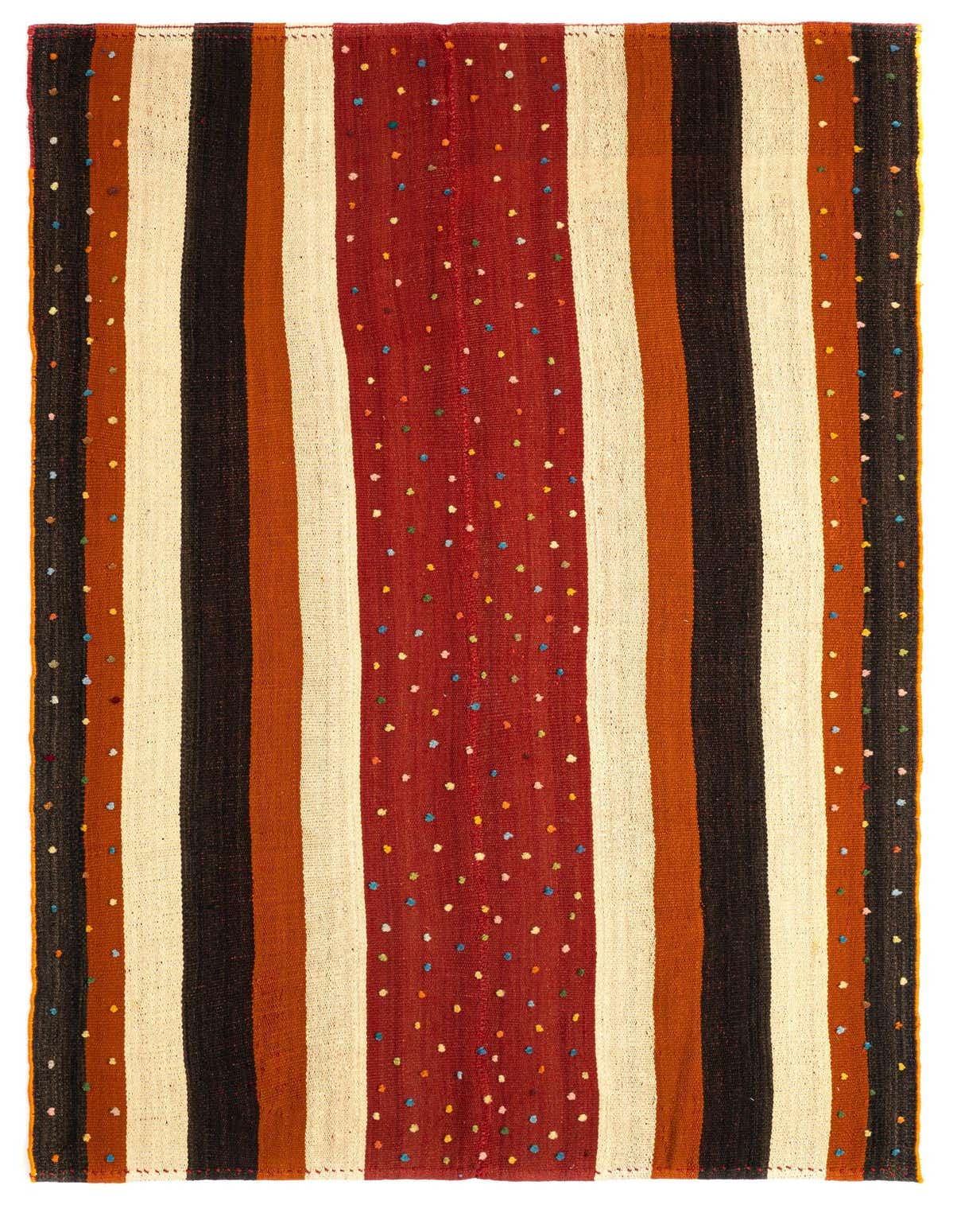 A 5x8 rectangular Jajim rug with wide stripes in red, cream, dark brown, and rust orange, featuring colorful polka dots on the red and brown stripes.