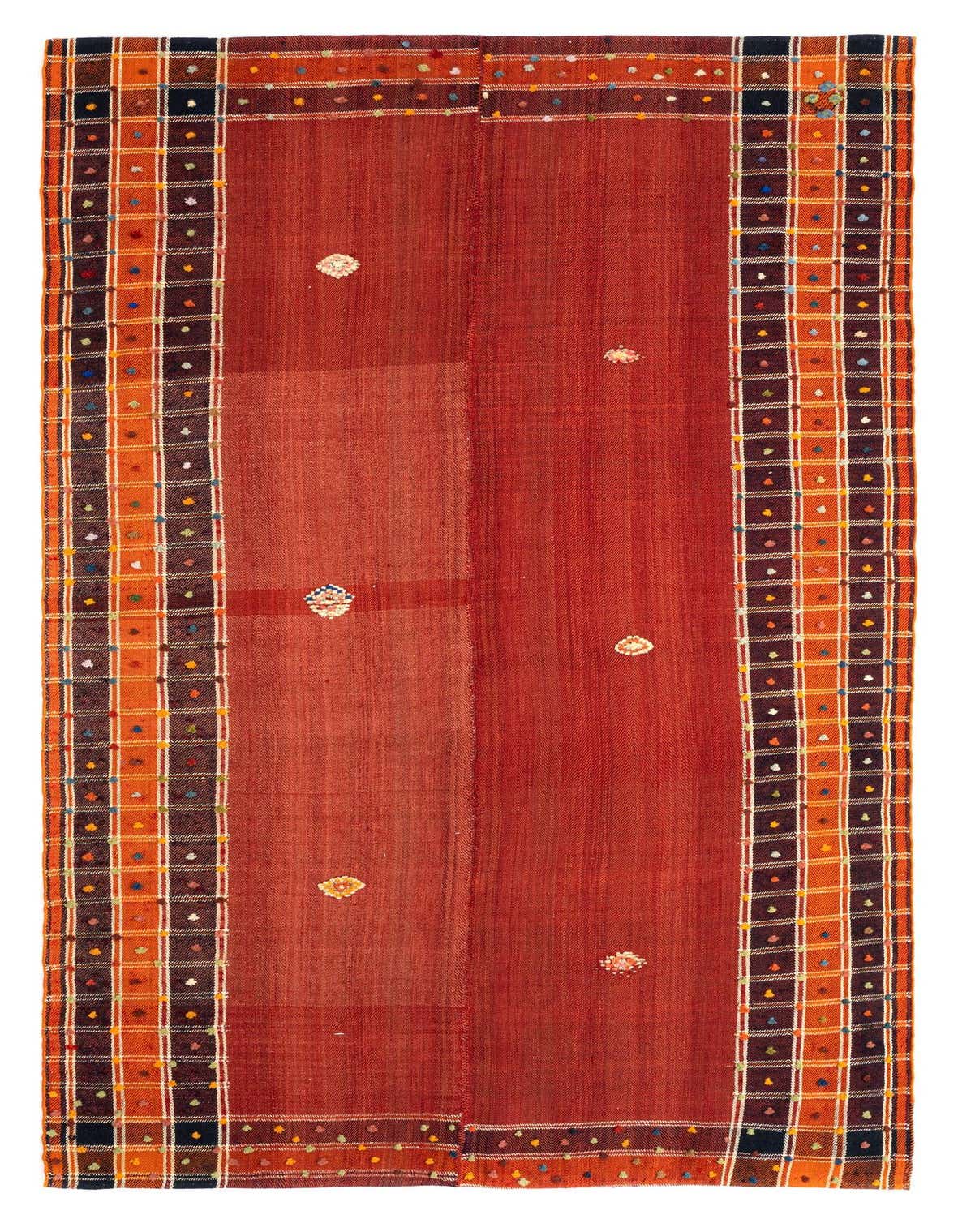 A 5x8 rectangular Jajim Persian rug featuring a deep red field with small floral accents and a vibrant checkered border.