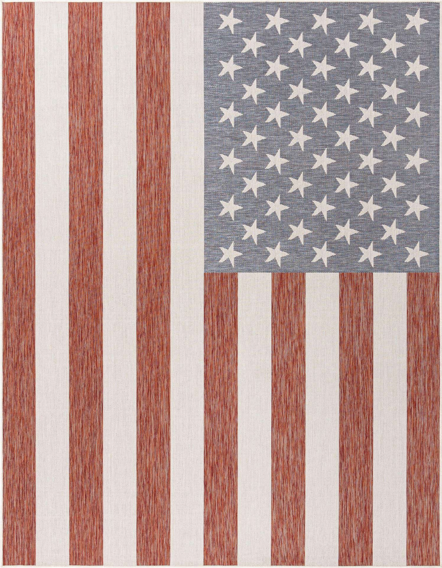 A 9x12 rectangular indoor/outdoor rug featuring a modern American flag design with red and white stripes and a blue field with white stars.