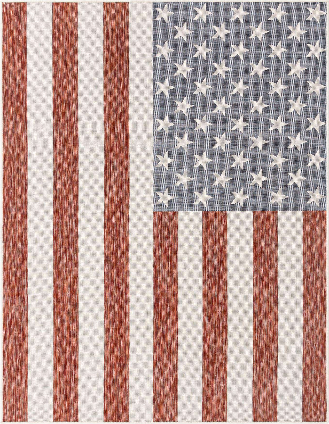 A 6x9 rectangular indoor/outdoor rug featuring a distressed American flag design with red and white stripes and a blue field with white stars.