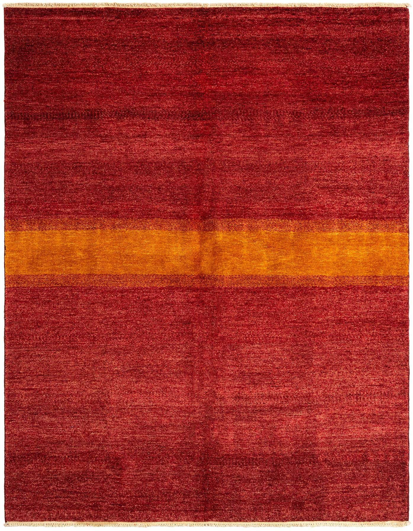 A 5x8 rectangular red wool area rug with a subtle horizontal orange stripe, suitable for a living room.