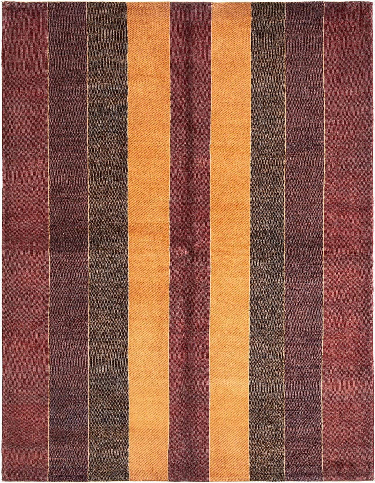 A 5x8 rectangular Juma Persian wool rug featuring bold vertical stripes in varying shades of red, orange, and brown.
