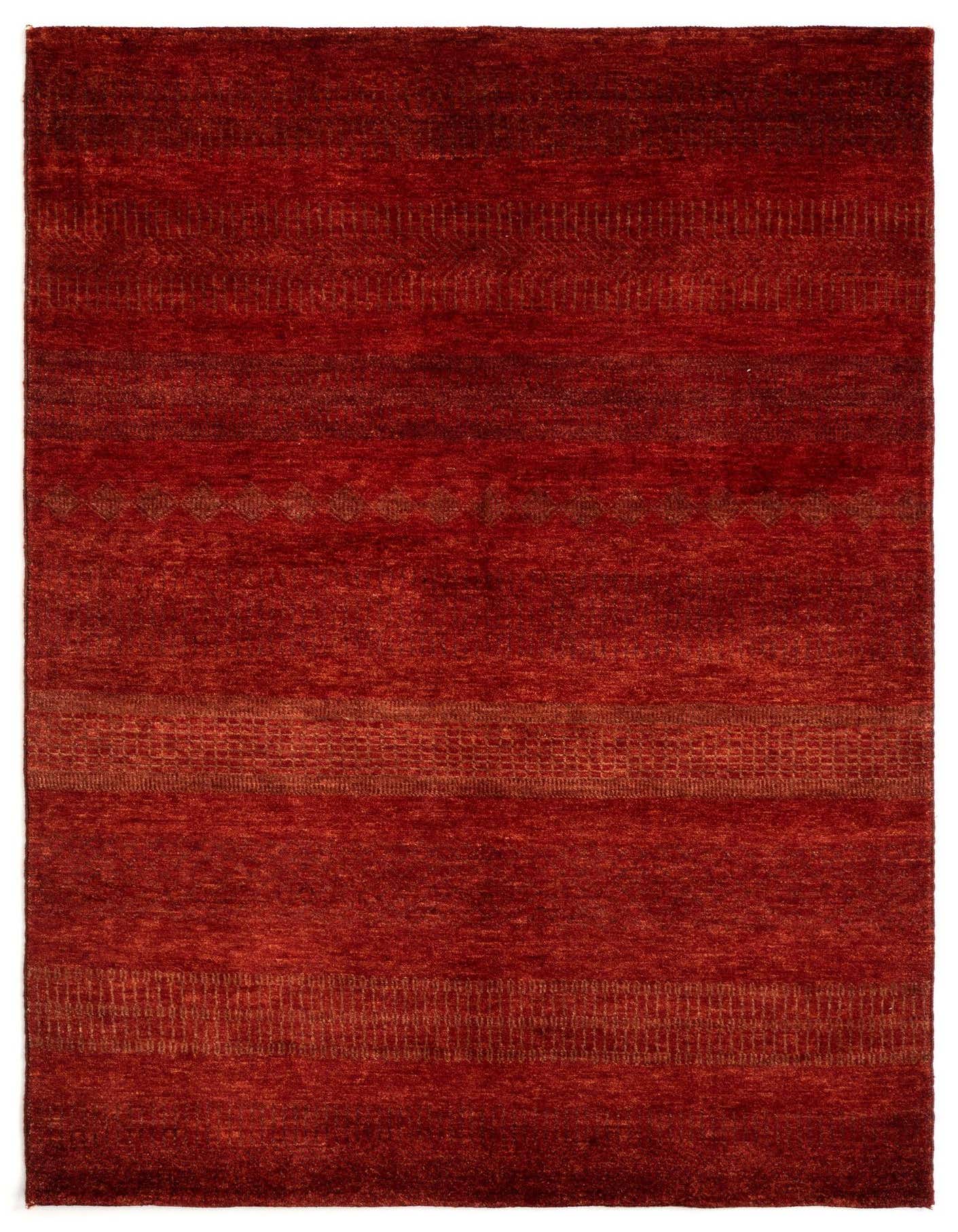 A 4x6 rectangular Juma Persian rug in varying shades of red, featuring subtle striped patterns and geometric accents.
