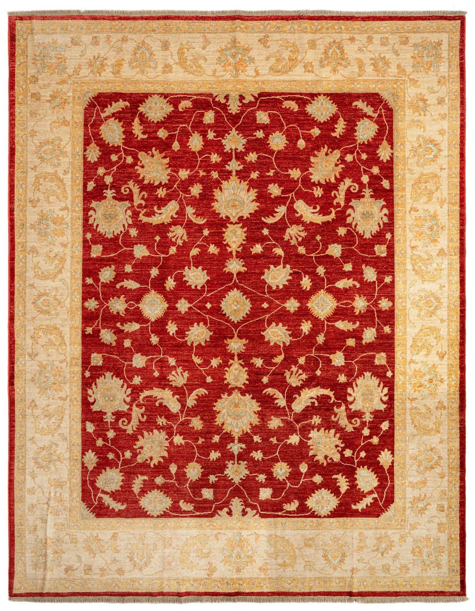 A rectangular 8x10 Rugs.com Kaizar Persian rug featuring a rich red field with intricate floral patterns in gold and beige, framed by a wide beige border with complementary motifs.