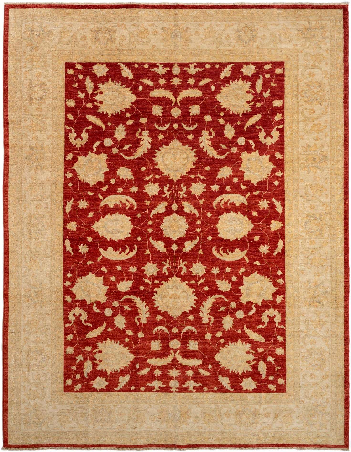 A rectangular 8x11 red Persian rug with an intricate gold floral pattern and a wide gold border.