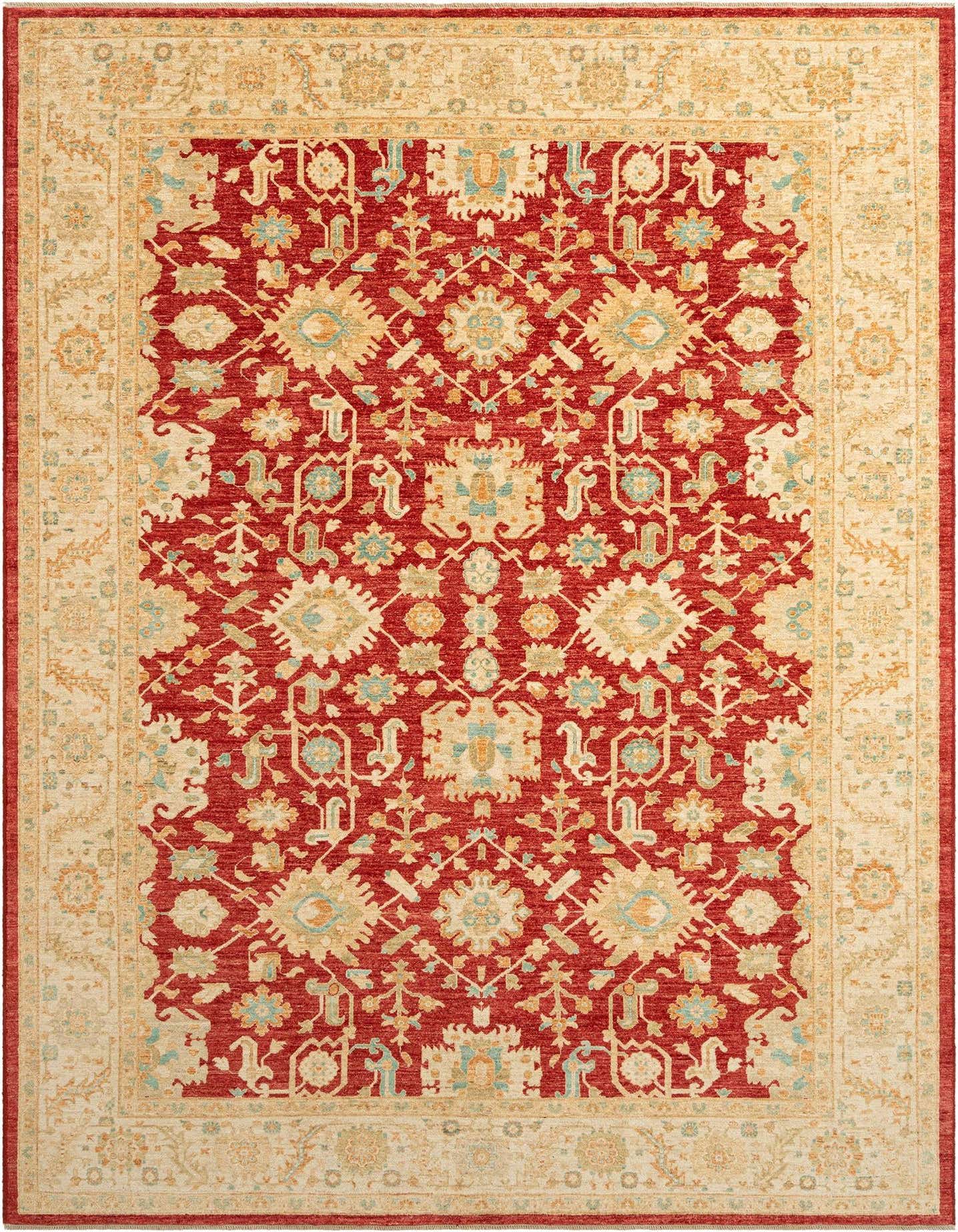 A rectangular 8x11 red Persian wool rug with an intricate floral and medallion pattern, bordered by a cream and gold design.