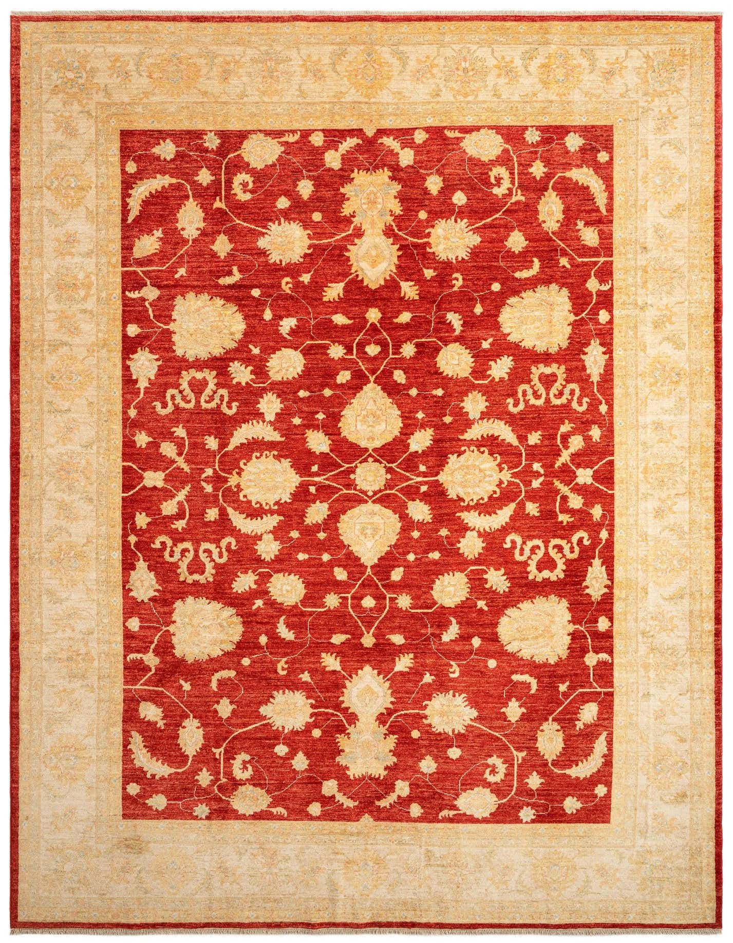 A 9x12 rectangular Persian rug with a deep red field and intricate gold floral patterns, framed by a wide gold border.