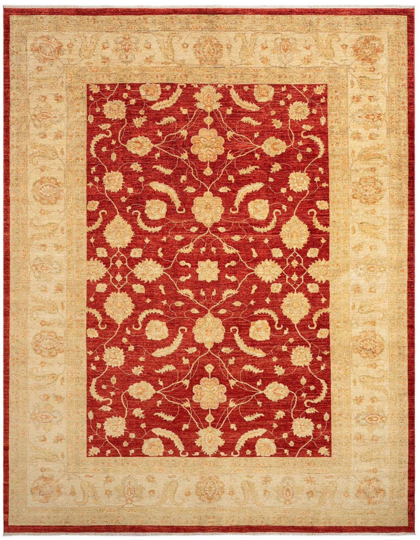 A 9x12 rectangular Persian rug with a deep red field and intricate cream floral patterns, bordered by a wide cream frame with complementary designs.