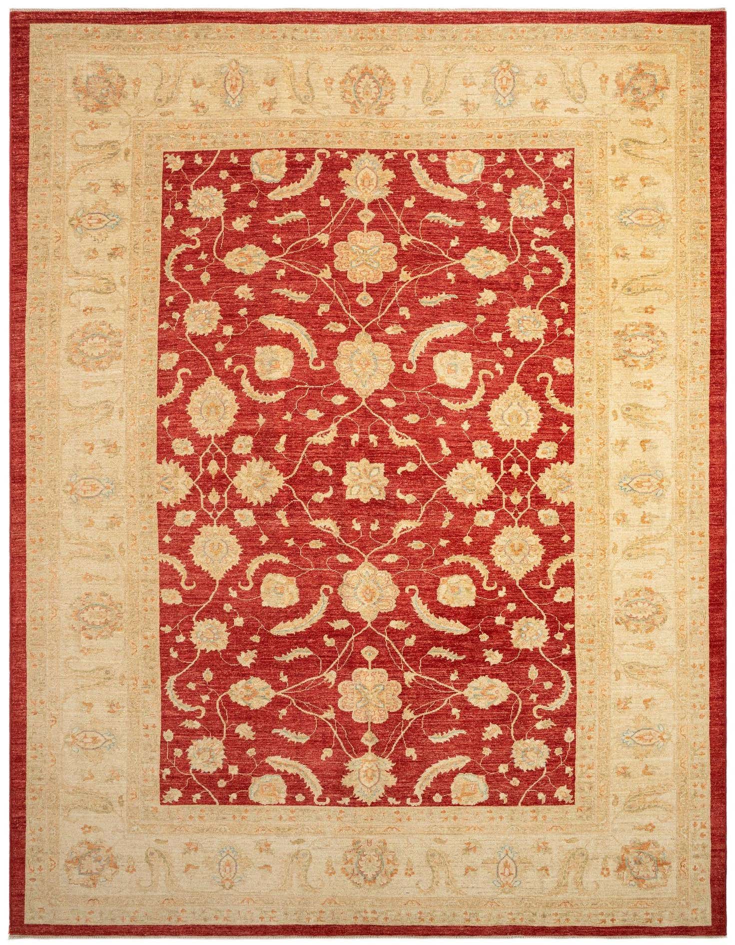 A 9x12 rectangular Persian rug with a deep red field and intricate cream and gold floral patterns, framed by a wide cream border with complementary motifs.