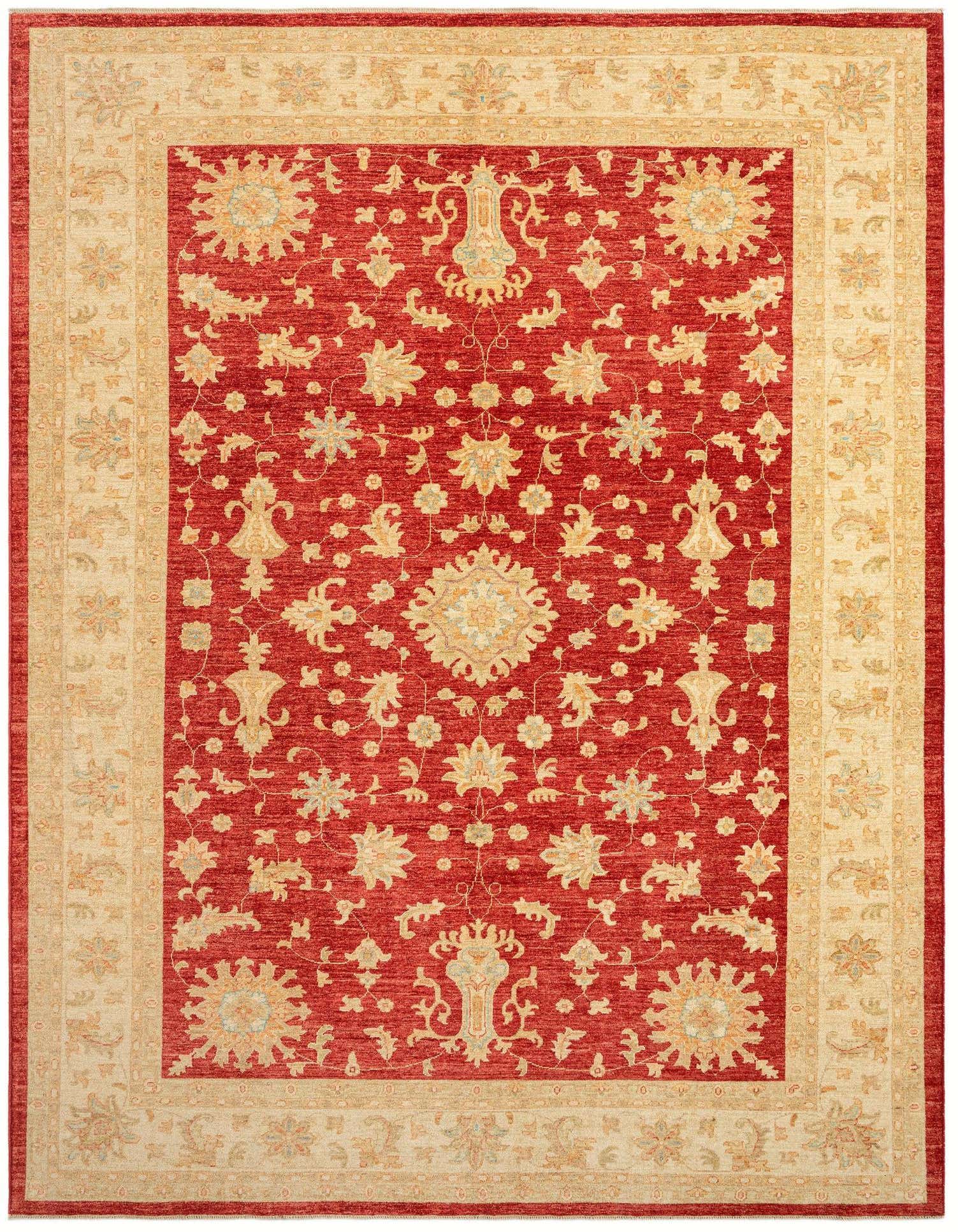 An 8x11 rectangular red Persian wool rug with intricate floral and medallion patterns in cream and gold, featuring a wide decorative border.