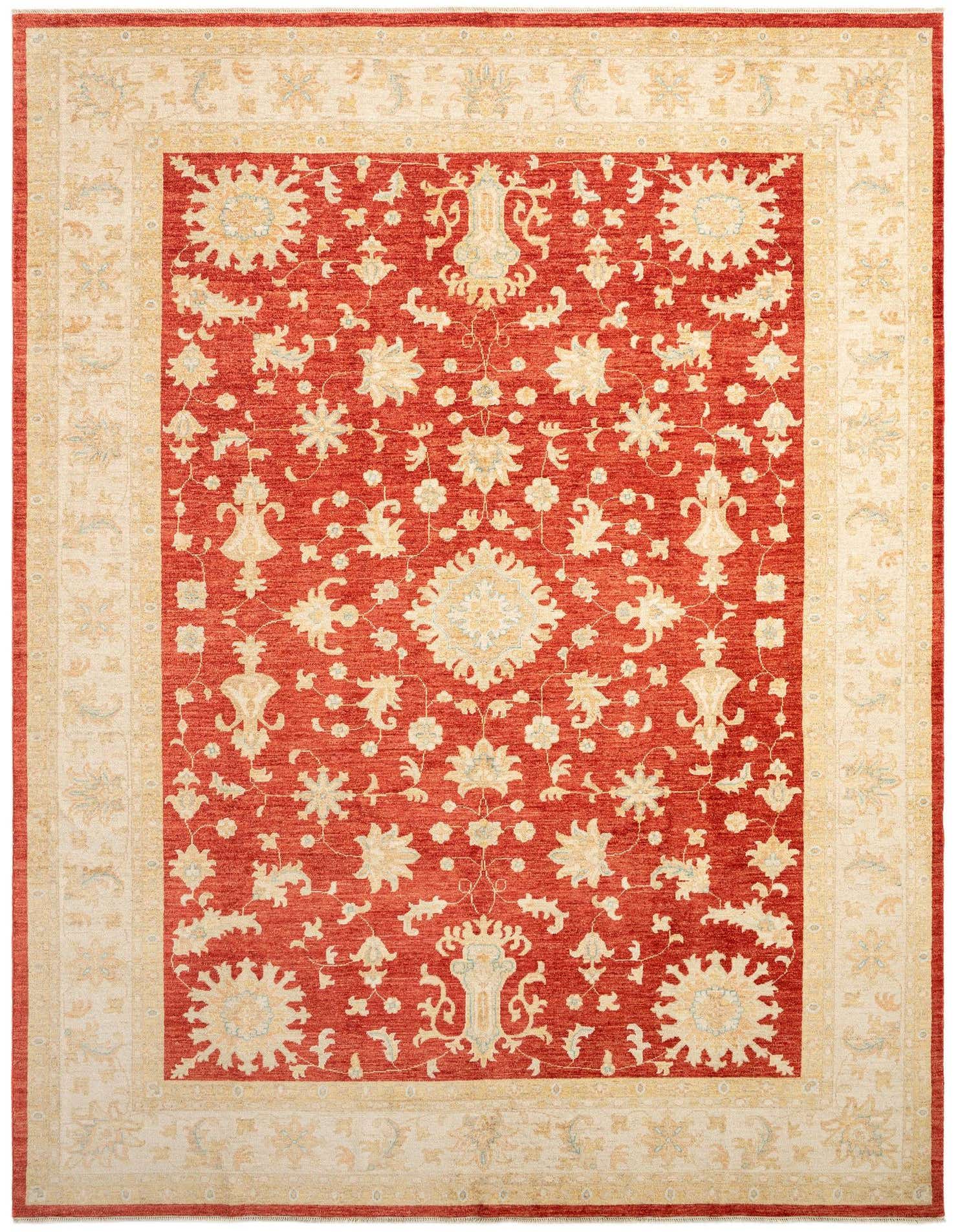 A rectangular 8x11 red Persian wool rug with an intricate floral pattern in cream and light blue, featuring a wide border.