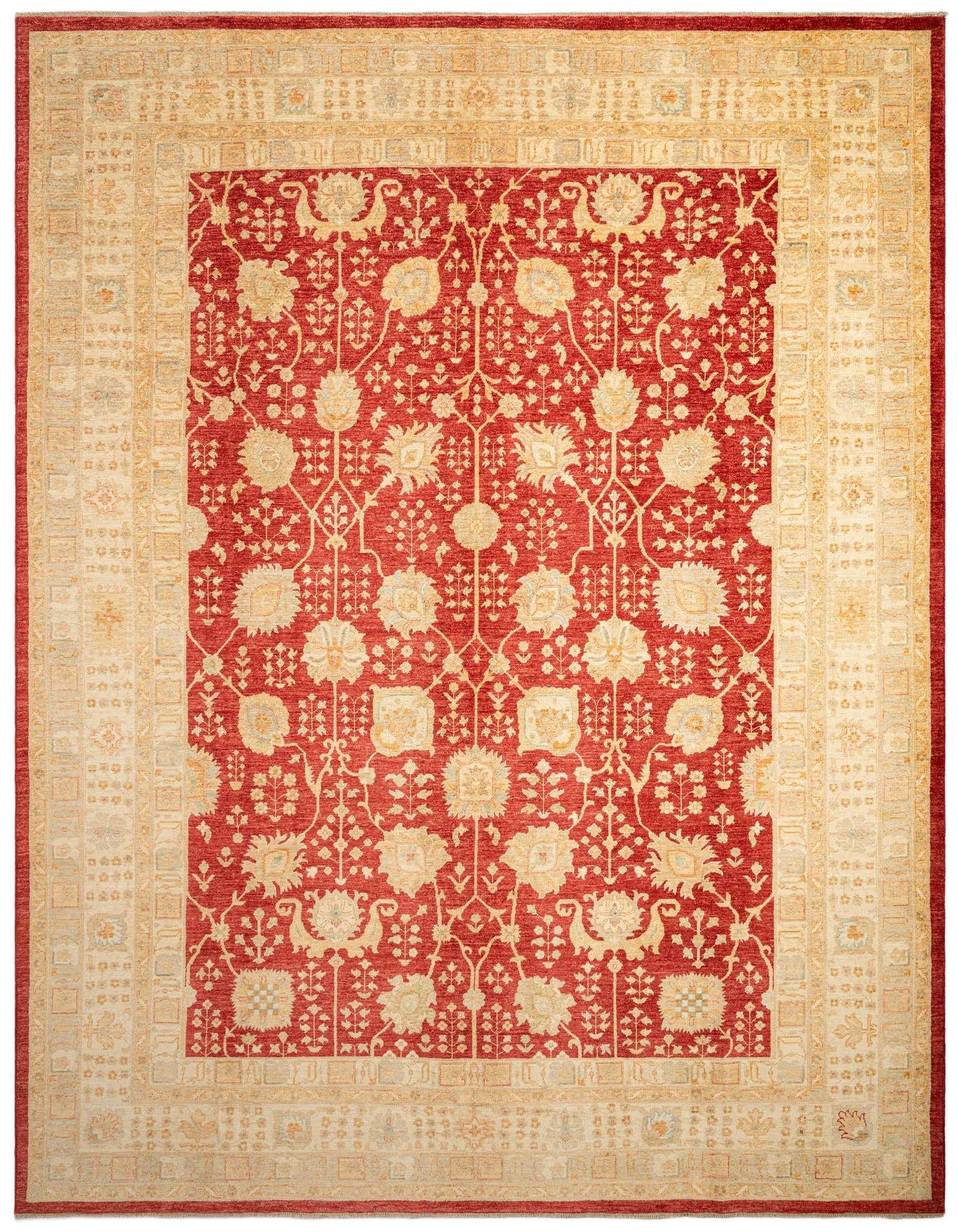 A large 10x13 rectangular Persian rug in deep red with an intricate cream and gold floral pattern and a wide decorative border, suitable for a living room.