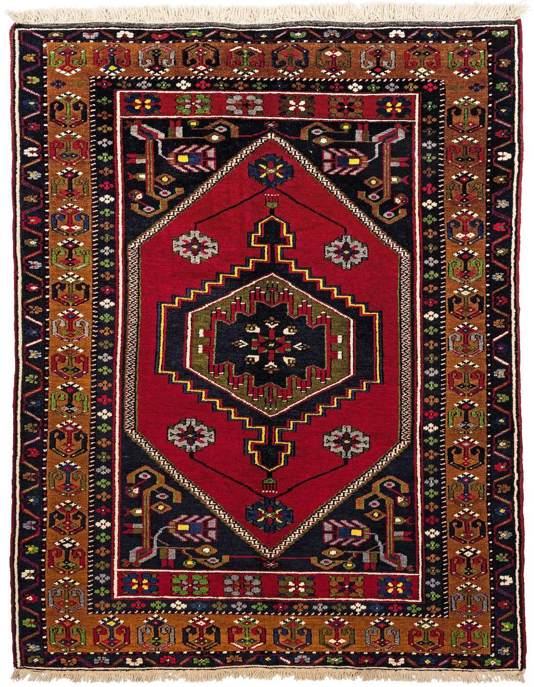 A 4x6 rectangular Kars wool rug featuring a traditional red field with a dark medallion and intricate tribal patterns in brown, black, and multi-colors.