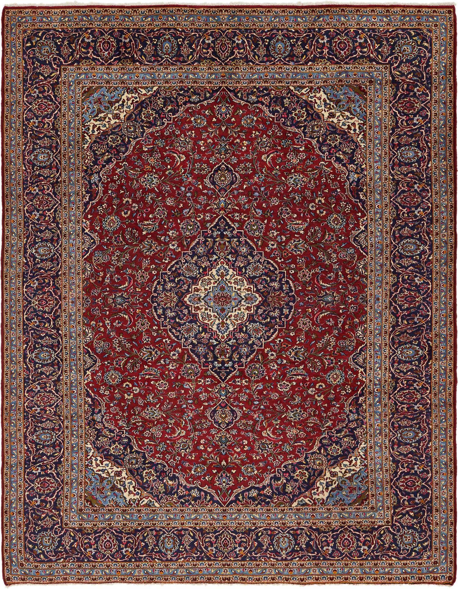 A 10x13 rectangular red wool Persian rug with an intricate botanical medallion pattern and a dark blue border.
