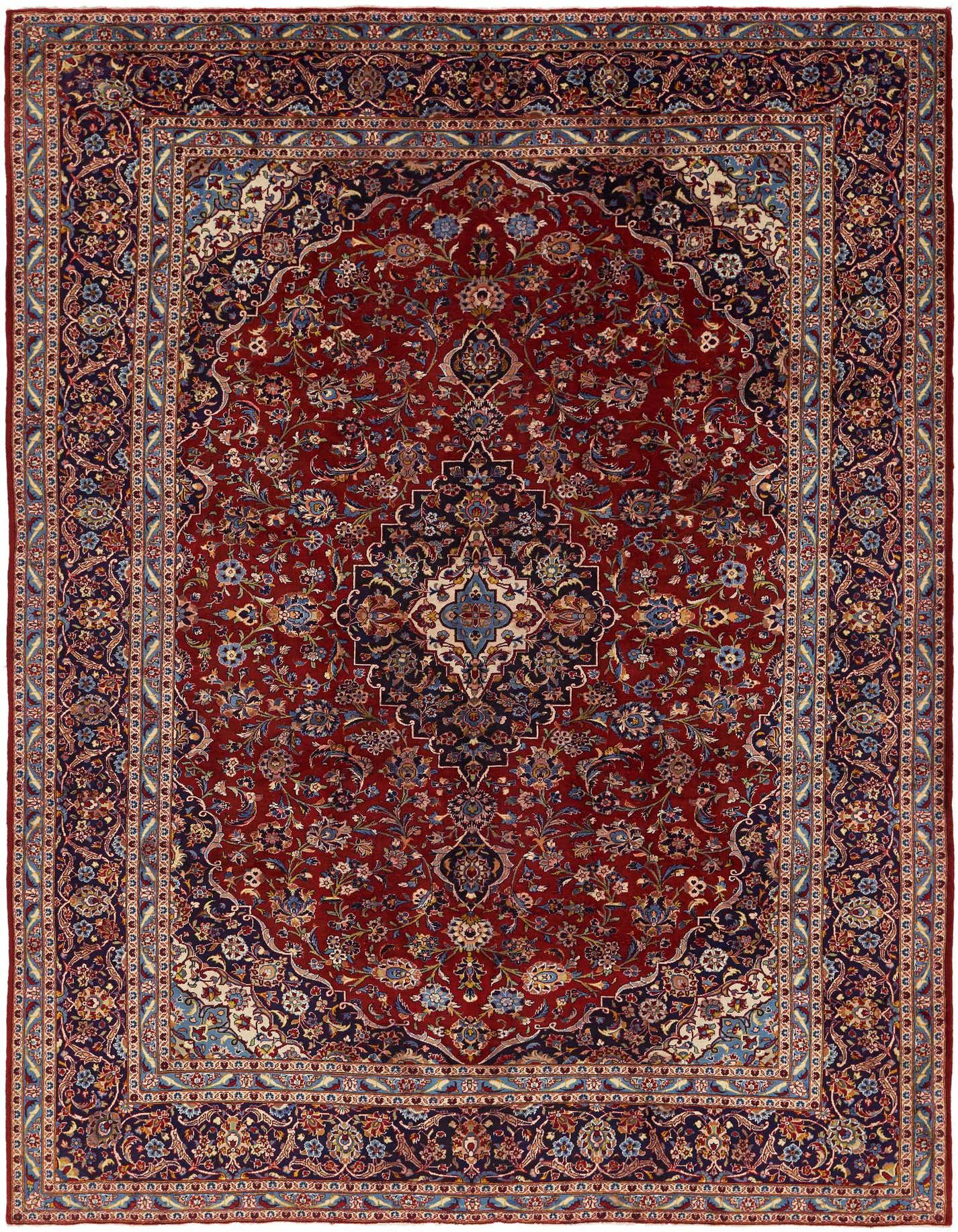 A 10x13 rectangular red wool Persian rug with a central medallion and intricate botanical patterns, ideal for a living room.