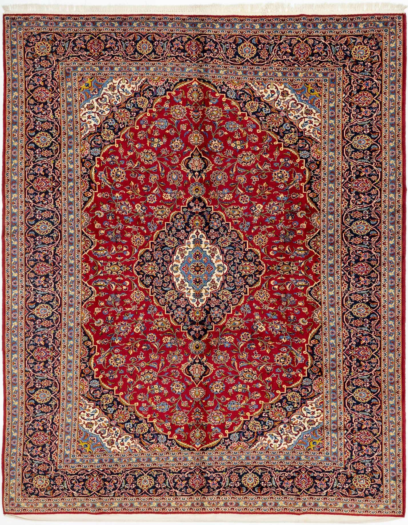 A 10x13 rectangular red Persian wool rug with a traditional medallion pattern and intricate floral designs.