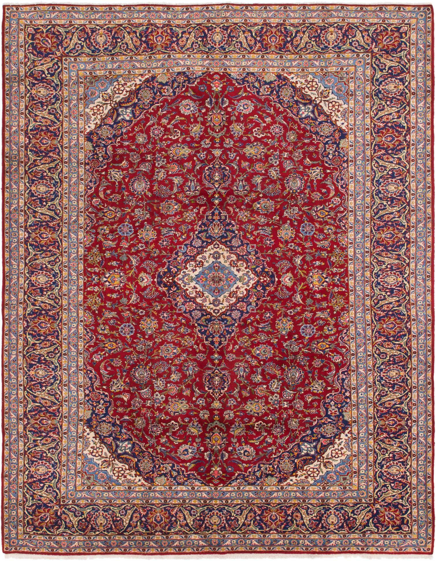 A 10x13 rectangular red wool rug with a traditional Persian botanical medallion pattern, ideal for a living room.