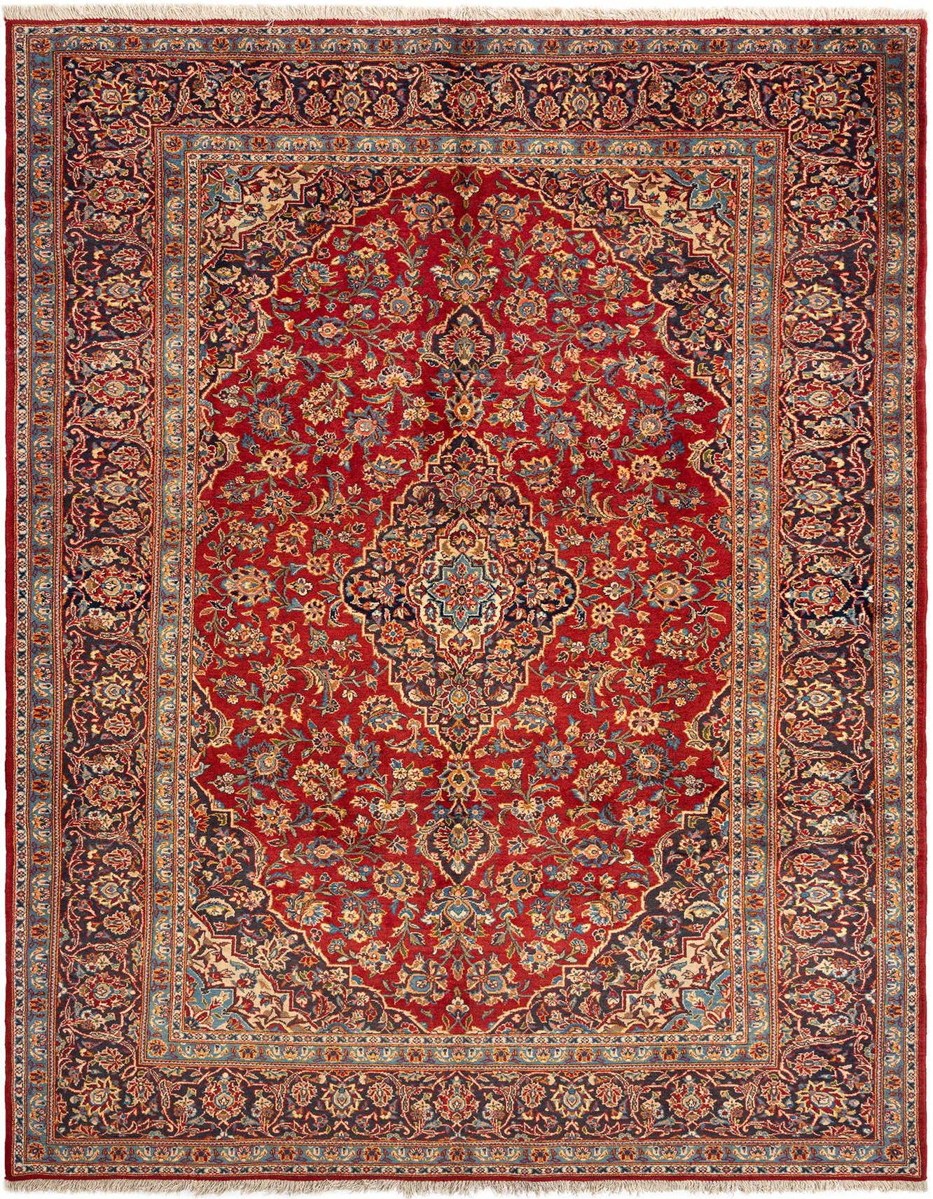 A 7x10 rectangular red Persian rug with an intricate floral medallion pattern and a dark blue border.