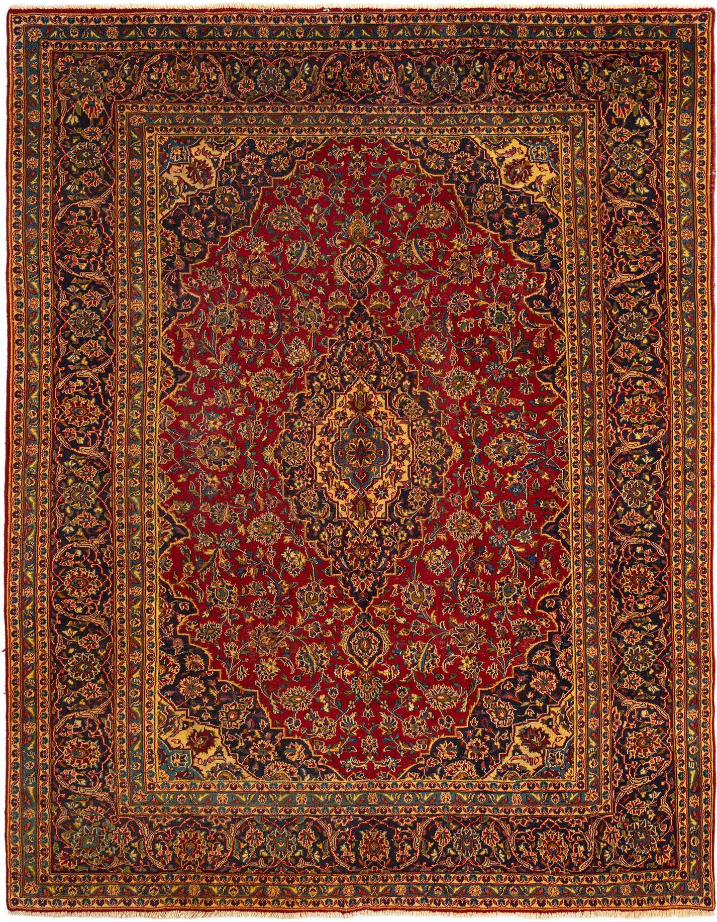 A rectangular 8x11 red Persian wool rug with intricate floral patterns and a dark blue border, suitable for a living room.