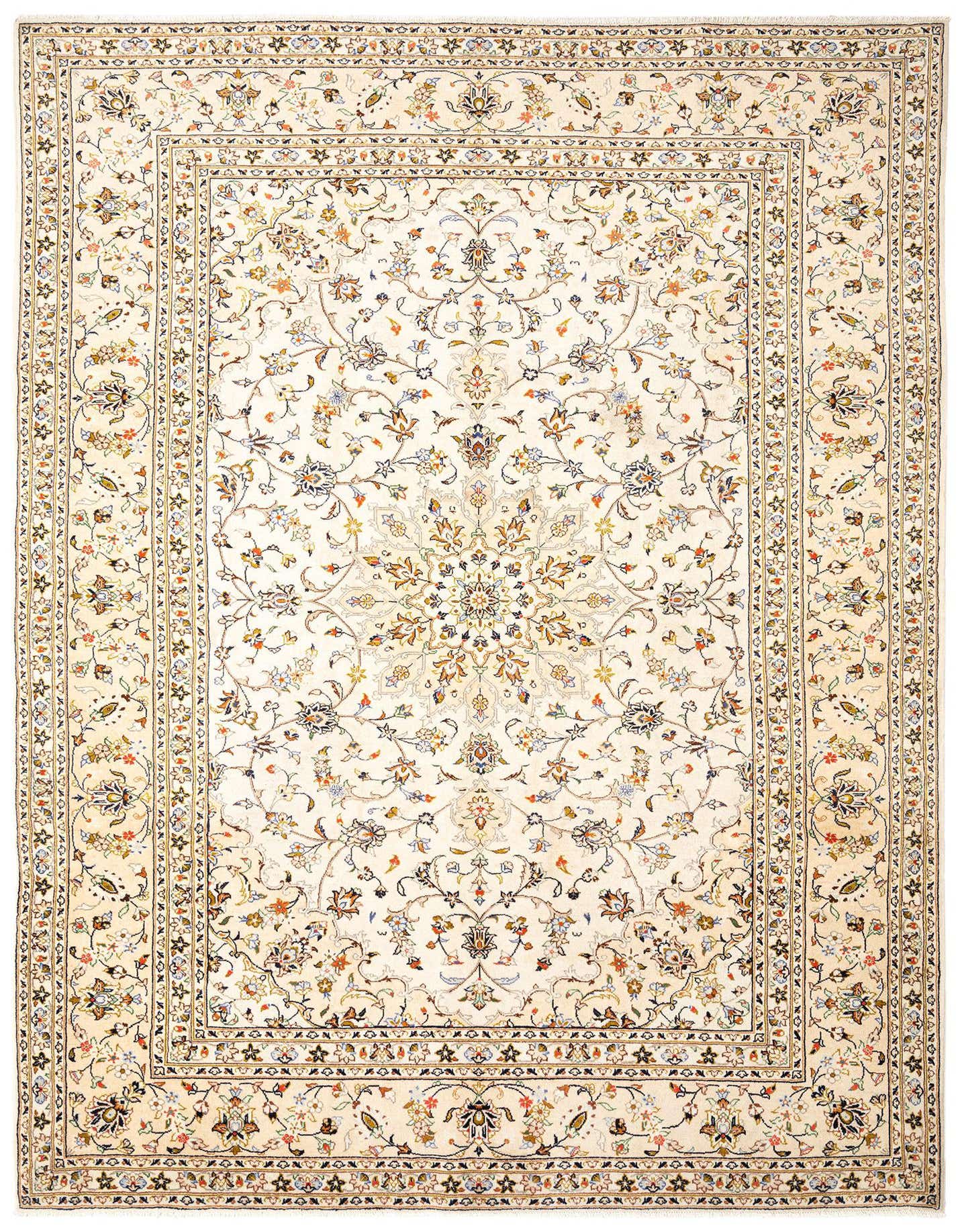 An 8x11 rectangular Persian rug with an intricate floral medallion pattern in reds, blues, and gold on an ivory background.