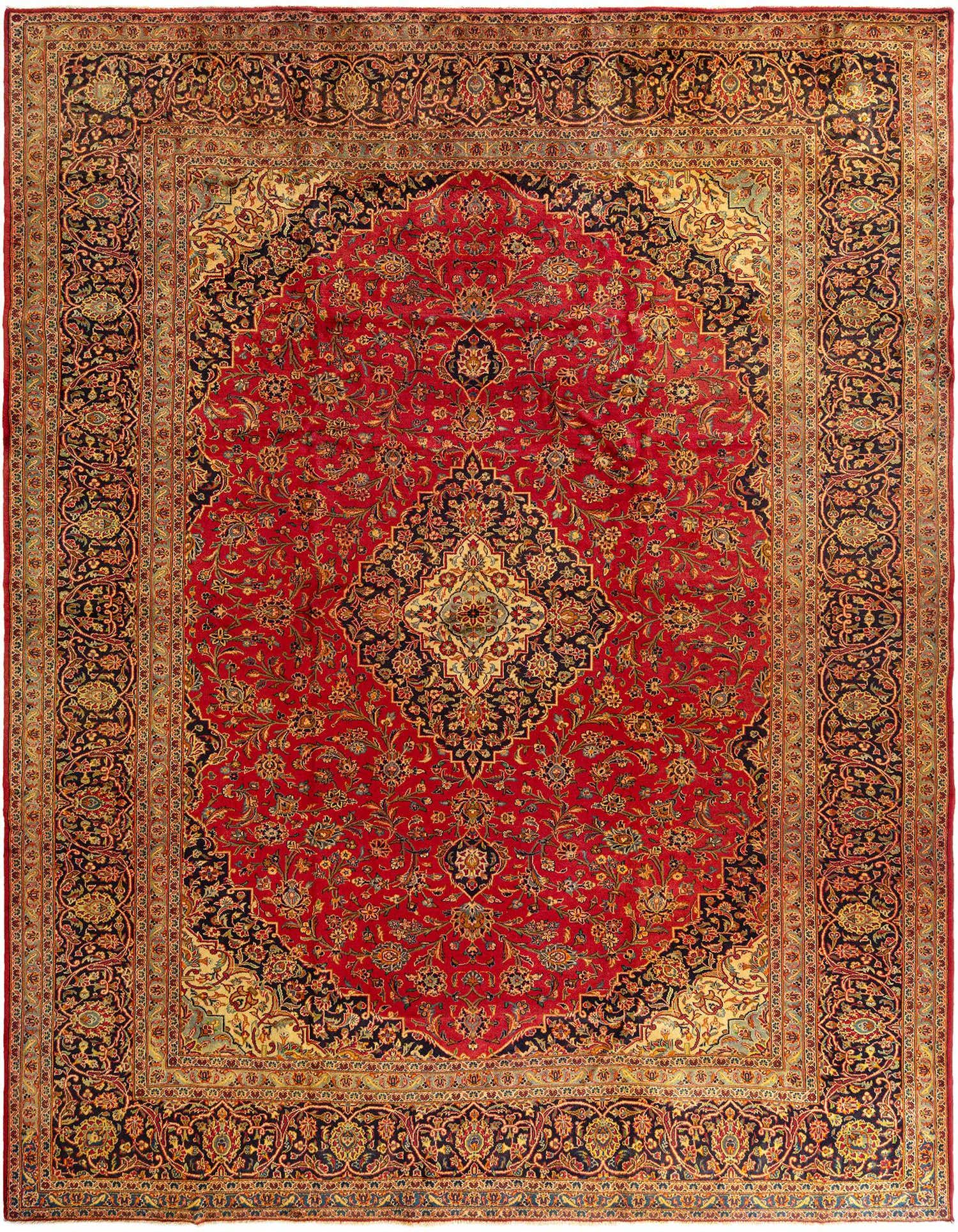 A handmade 10x13 rectangular Persian rug featuring a vibrant red field with intricate floral patterns and a central medallion in navy, gold, and cream.