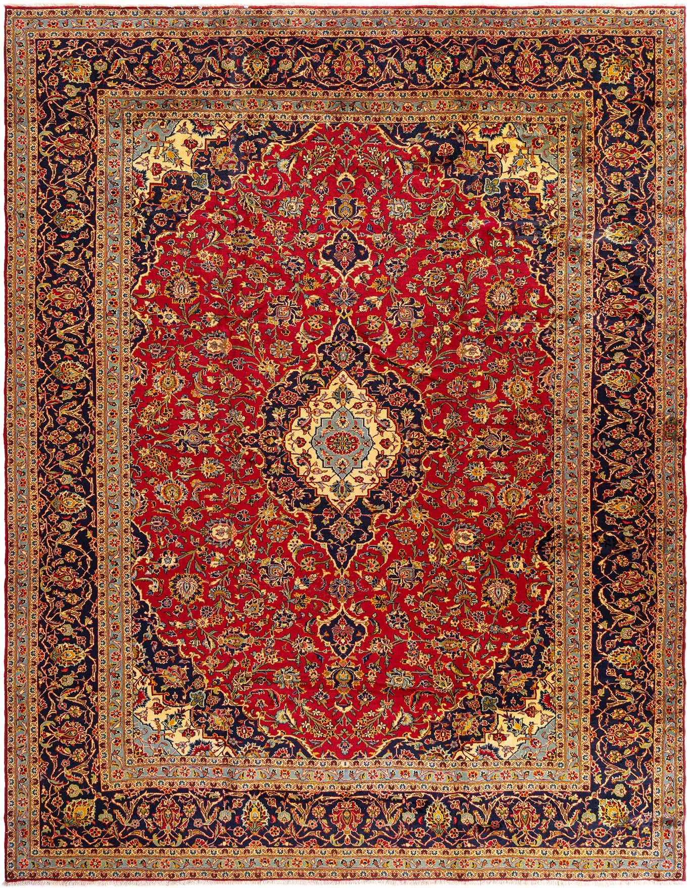 A large 10x14 rectangular Persian rug in deep red with intricate floral patterns and a navy blue border.