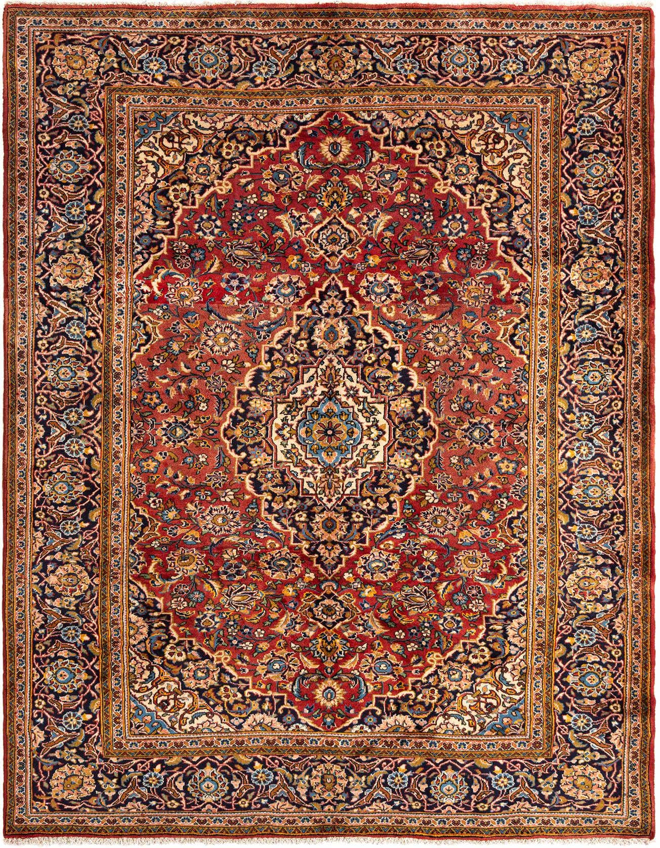 A 6x9 rectangular red Persian wool rug with intricate floral patterns and a central medallion, ideal for a living room.
