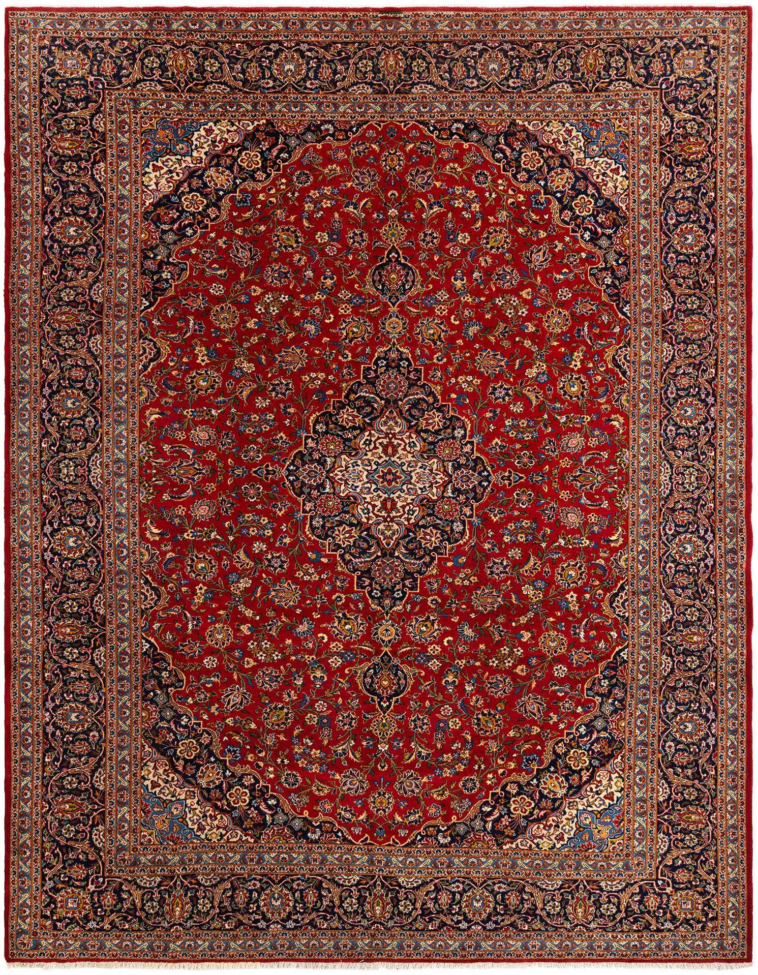 A large 10x14 rectangular red Persian wool rug with an intricate navy blue and gold medallion pattern and border.