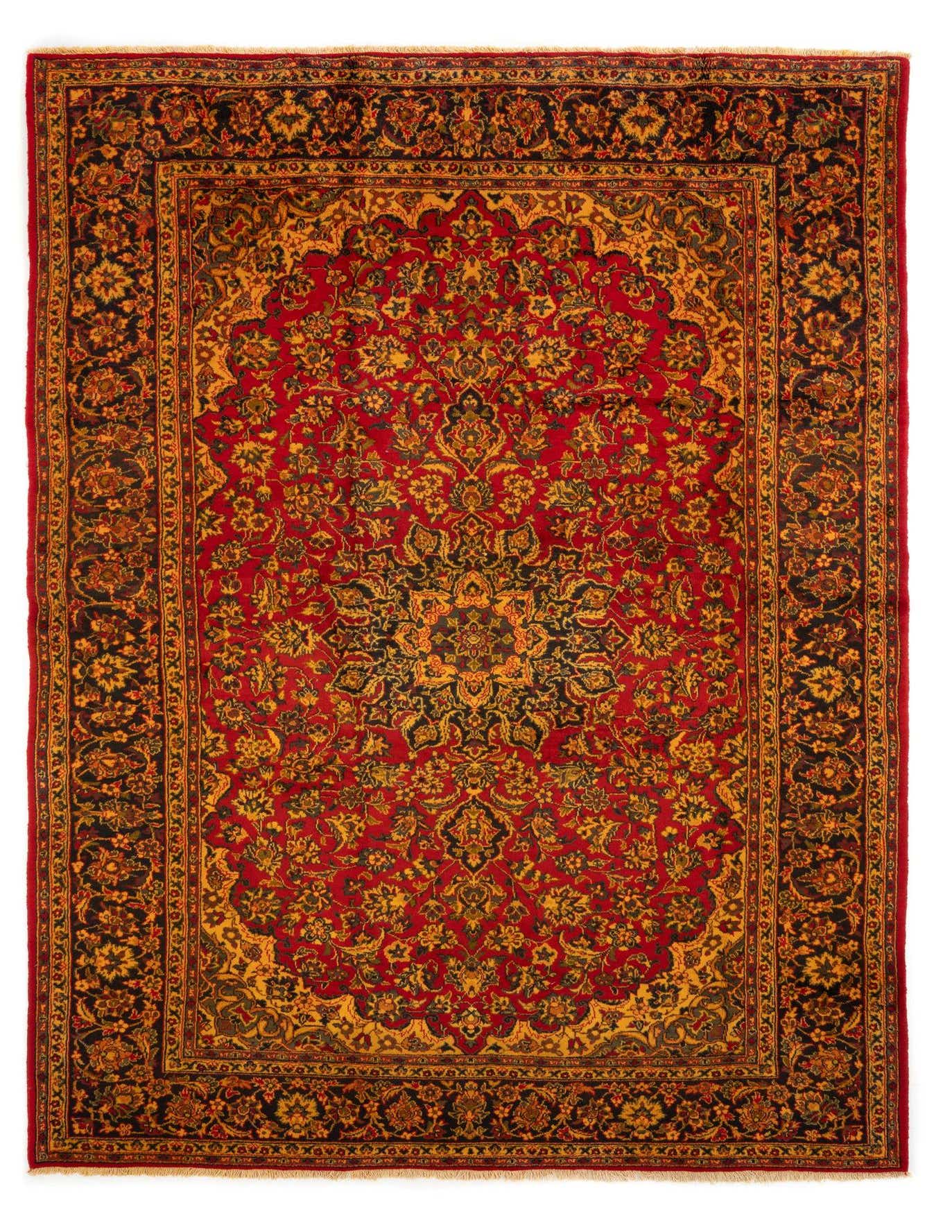 An 8x11 rectangular red Persian rug with intricate gold and black floral patterns and a detailed border.