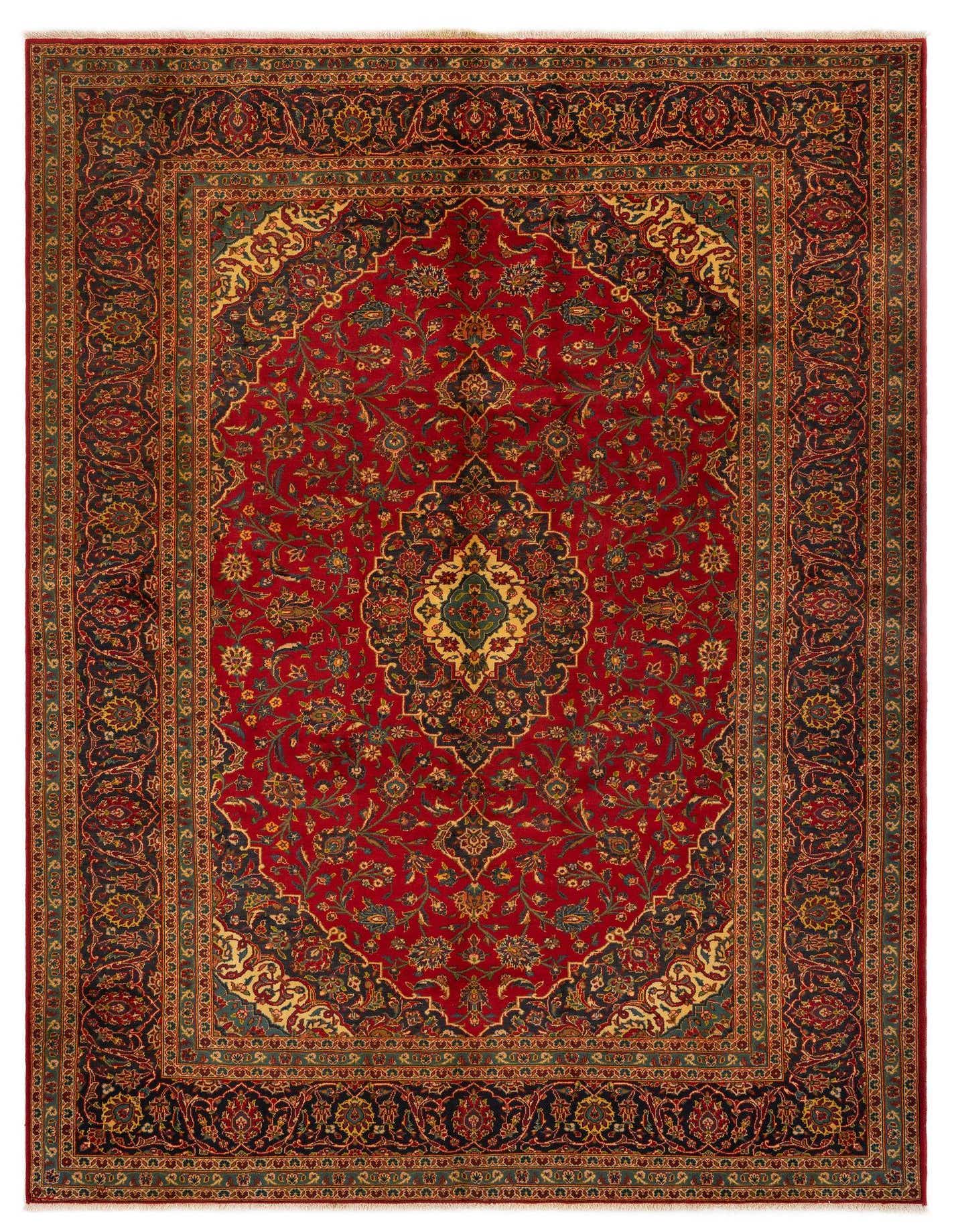 A large 8x11 rectangular red Persian wool rug with an intricate floral medallion pattern and dark borders.