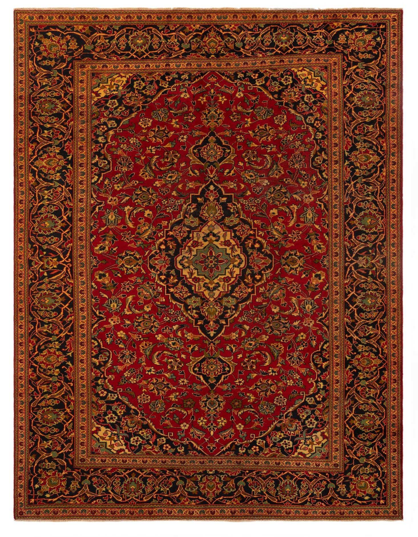 A rectangular 8x11 red Persian rug with a detailed black and gold floral border and a central medallion.