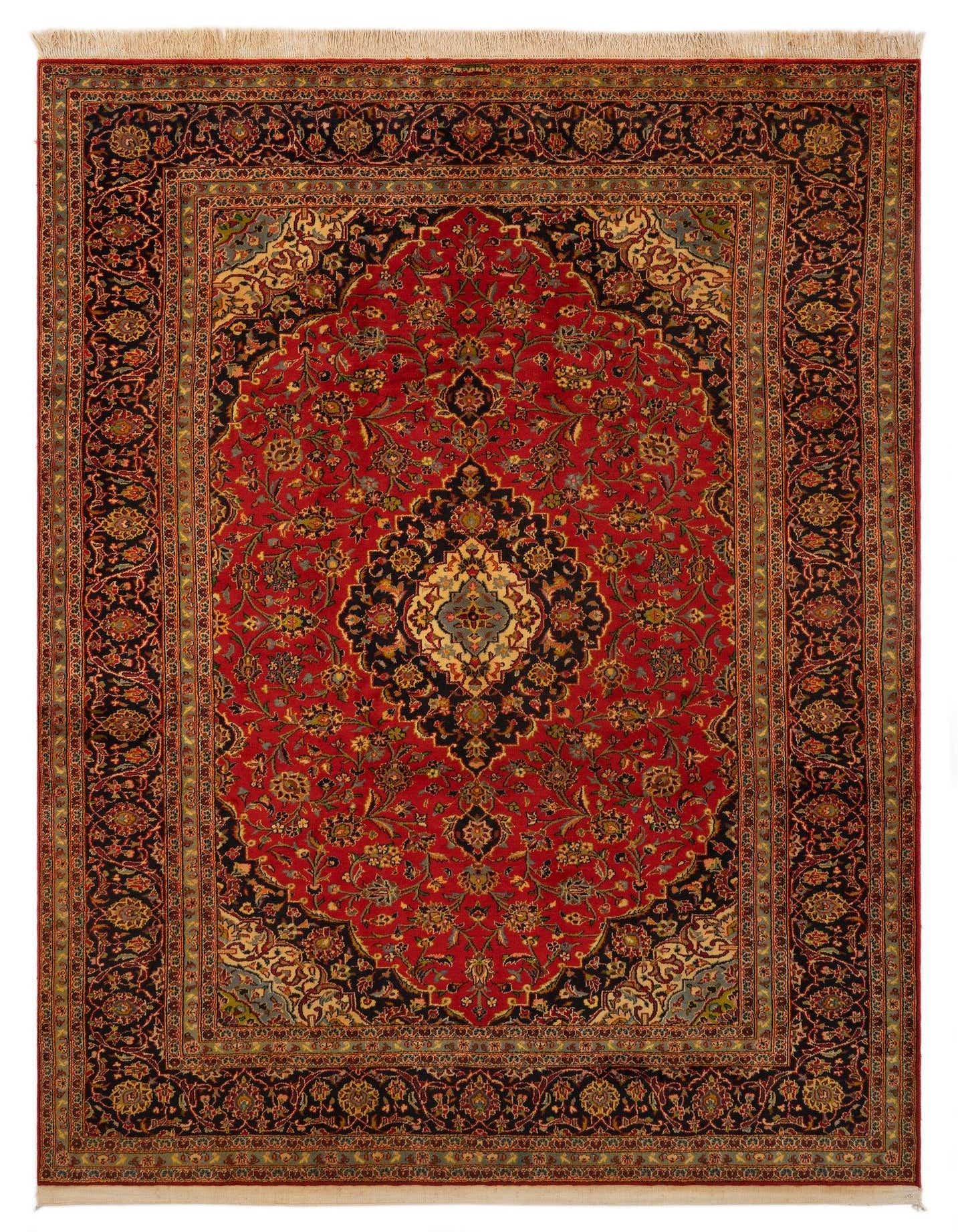 A large 8x11 rectangular red Persian rug with an intricate black and gold floral medallion pattern and border.