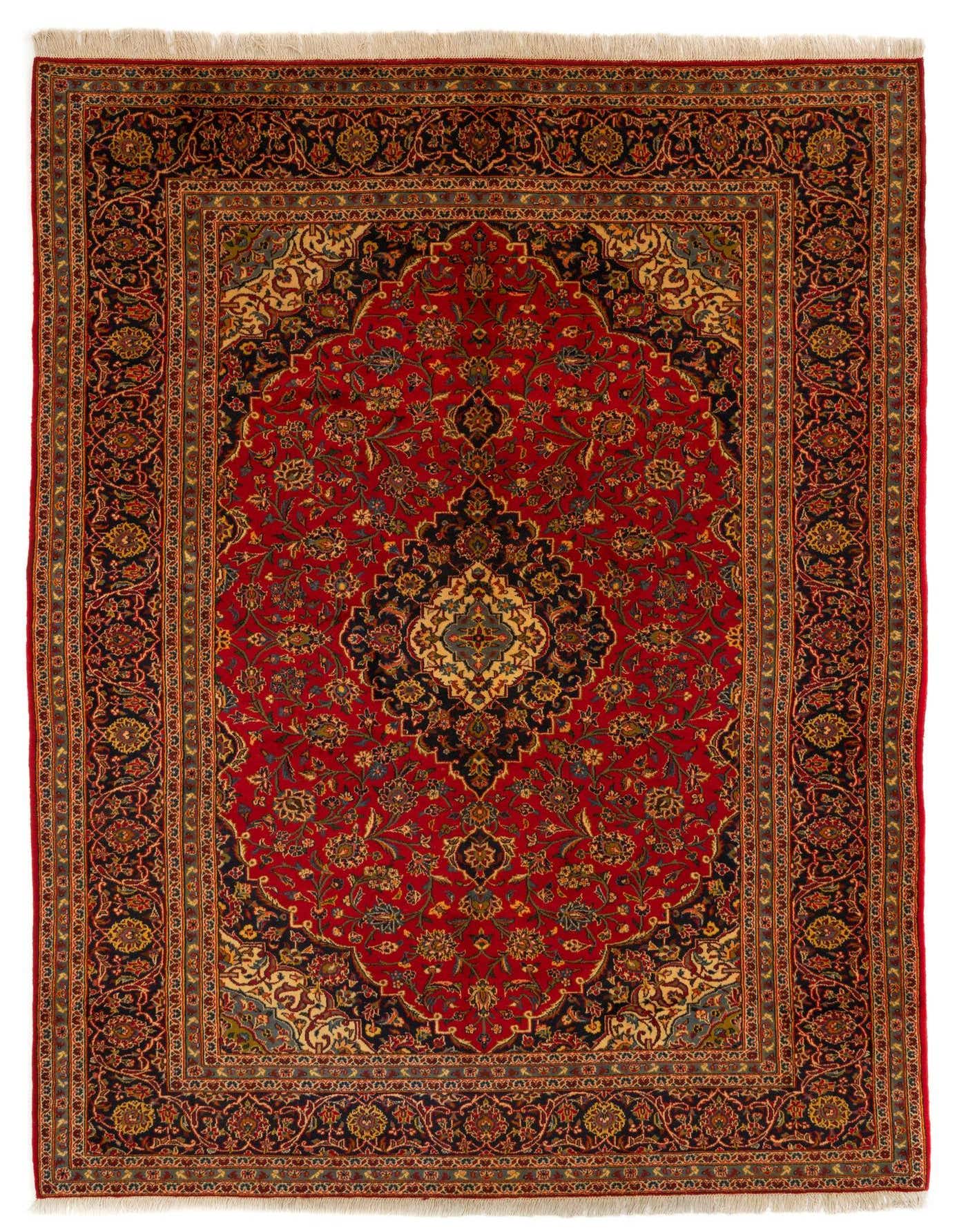 A rectangular 8x11 red Persian wool rug with an intricate floral medallion pattern and dark blue border.