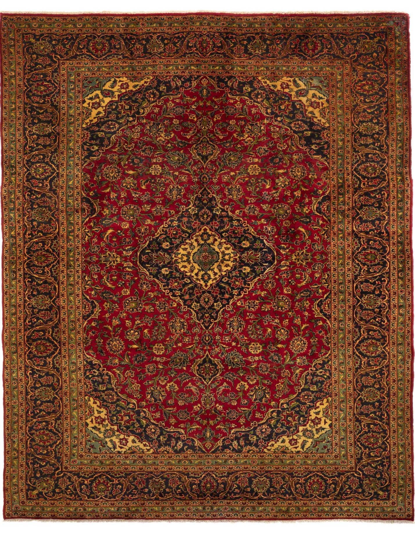 A 10x13 rectangular red Persian wool rug with an intricate floral medallion and border design.