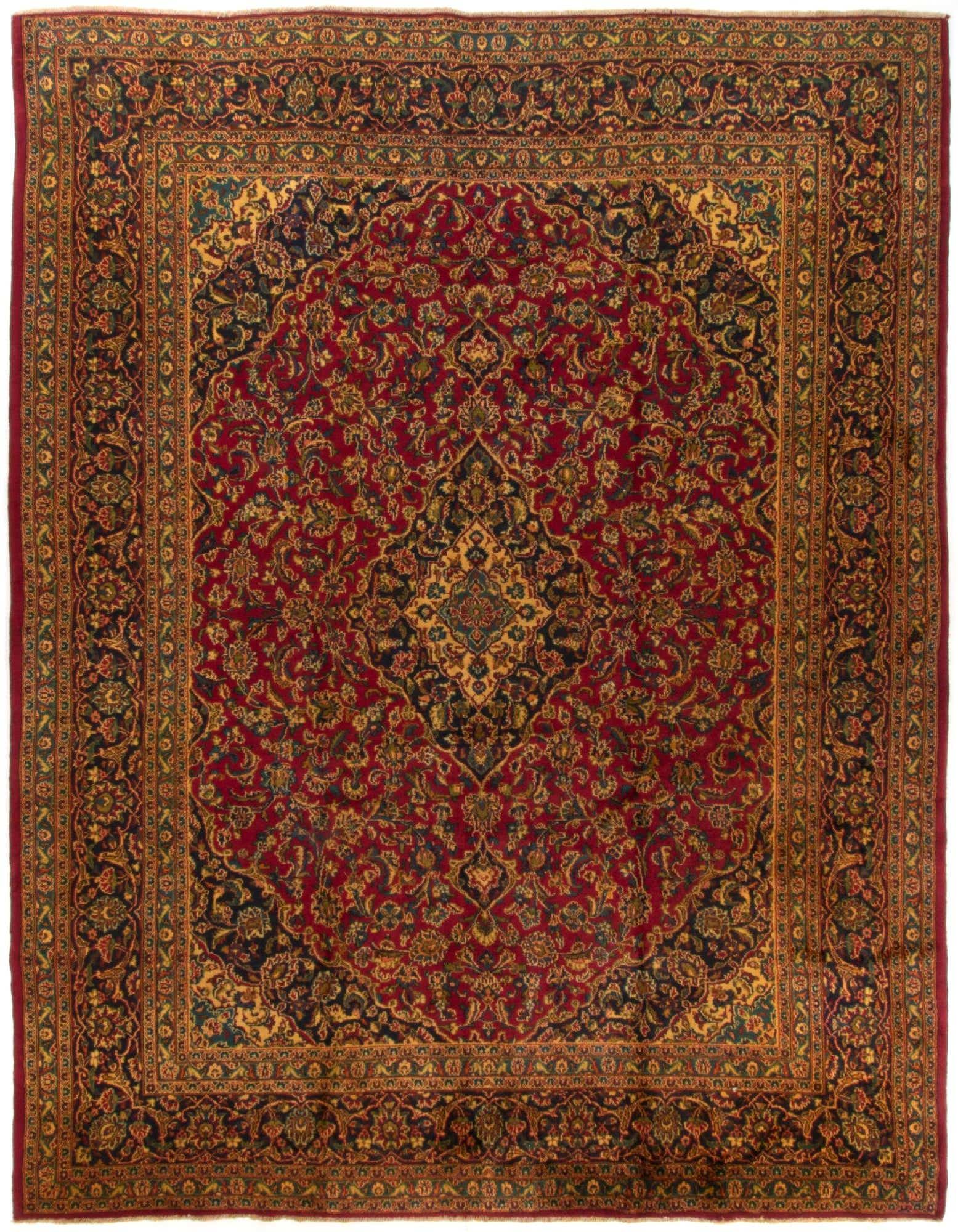 A 10x12 rectangular Persian wool rug featuring a rich red field with intricate floral motifs and a detailed gold and navy border.