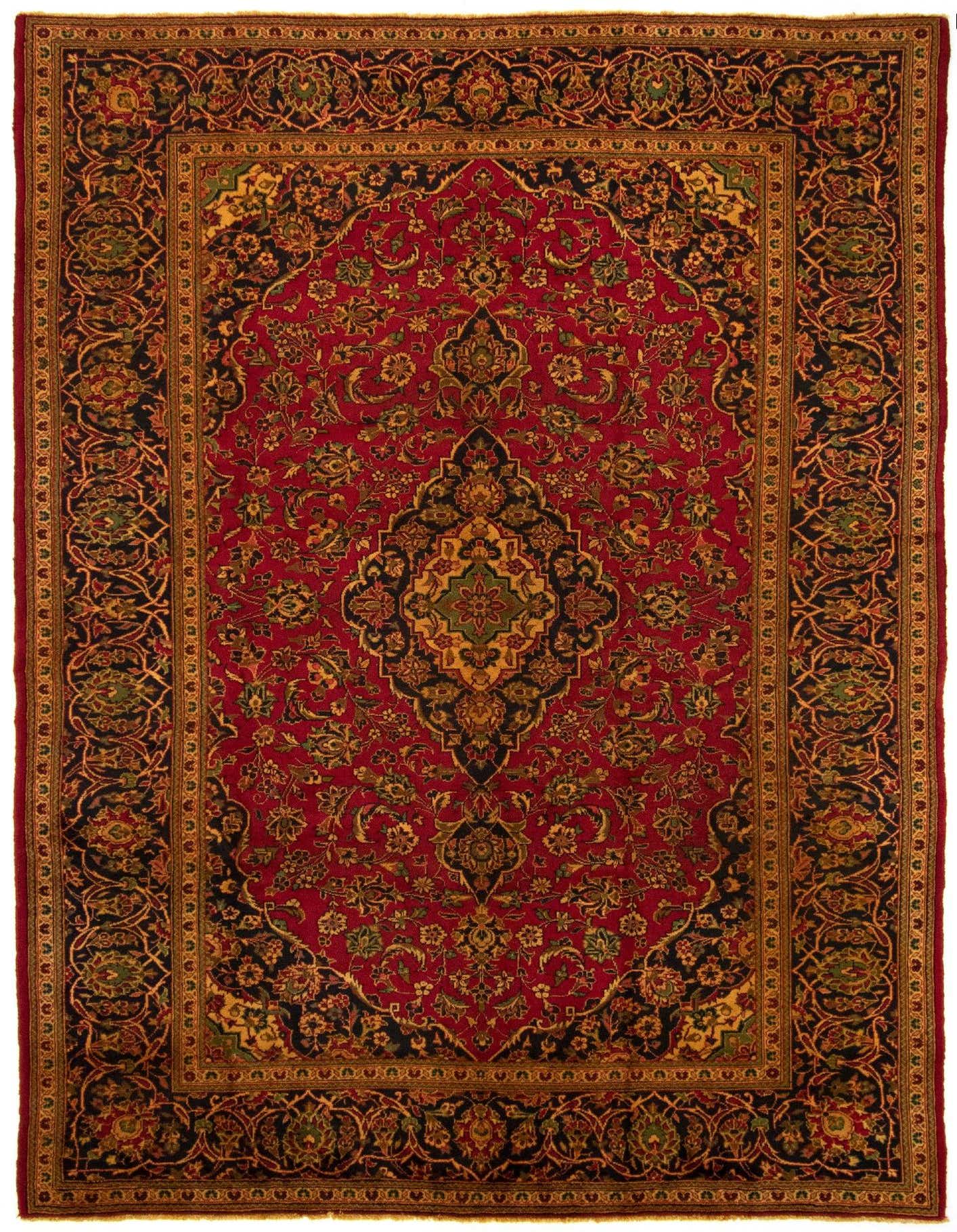 A rectangular 8x11 handmade Persian rug in rich reds, black, and gold with intricate floral and medallion patterns.