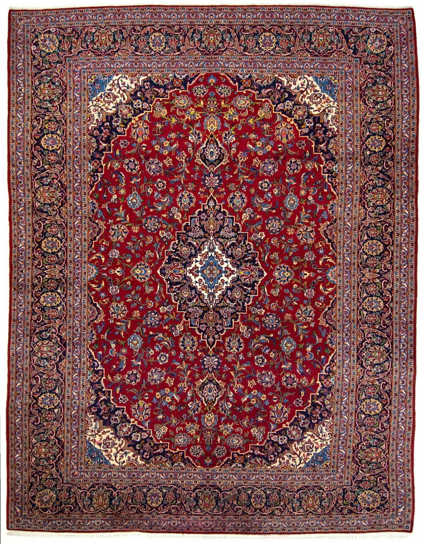 A 10x14 rectangular red Persian wool rug with an intricate floral medallion pattern and dark blue border.
