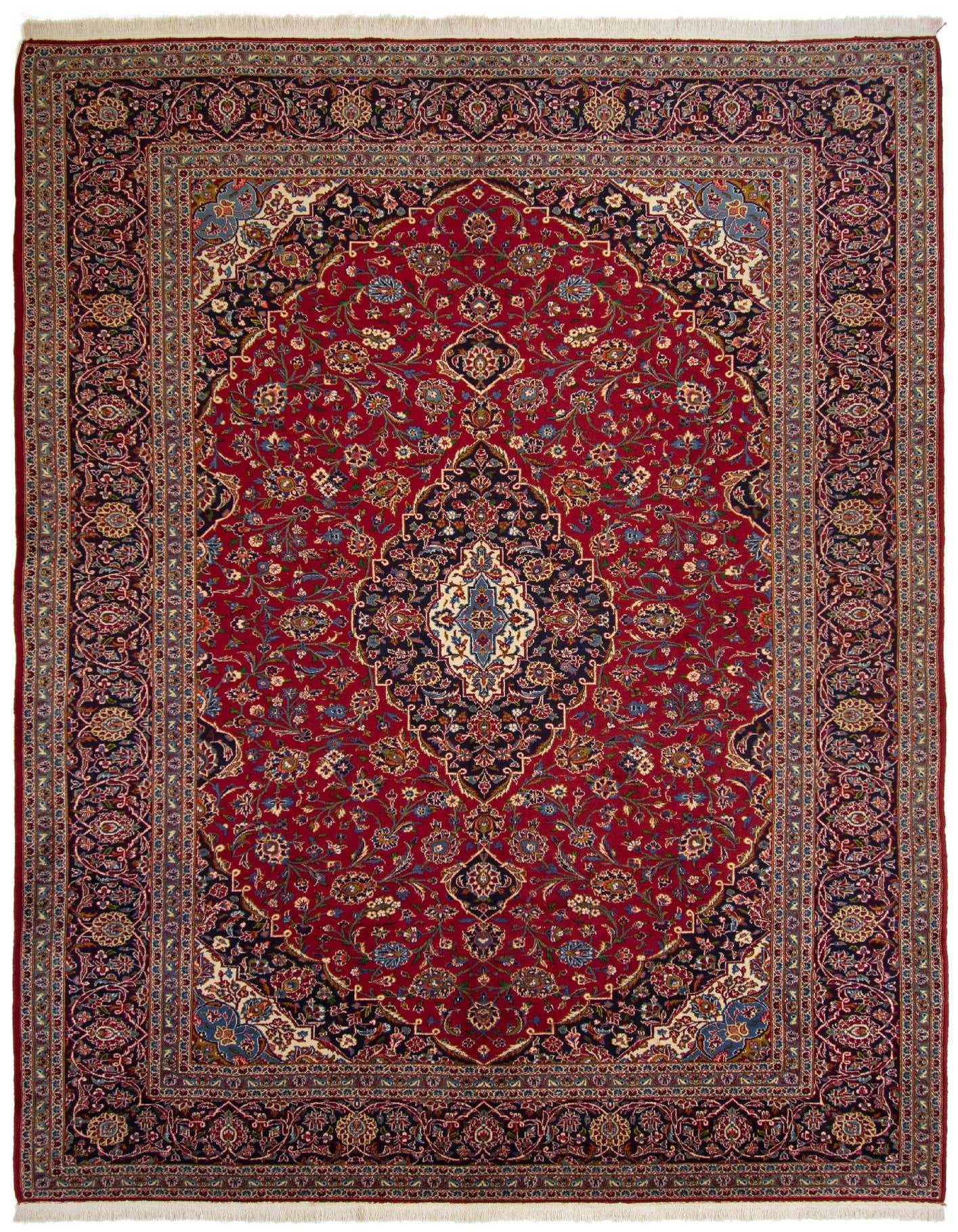 A 10x14 rectangular Persian rug featuring a rich red field with intricate floral motifs and a central medallion, framed by a dark blue border.