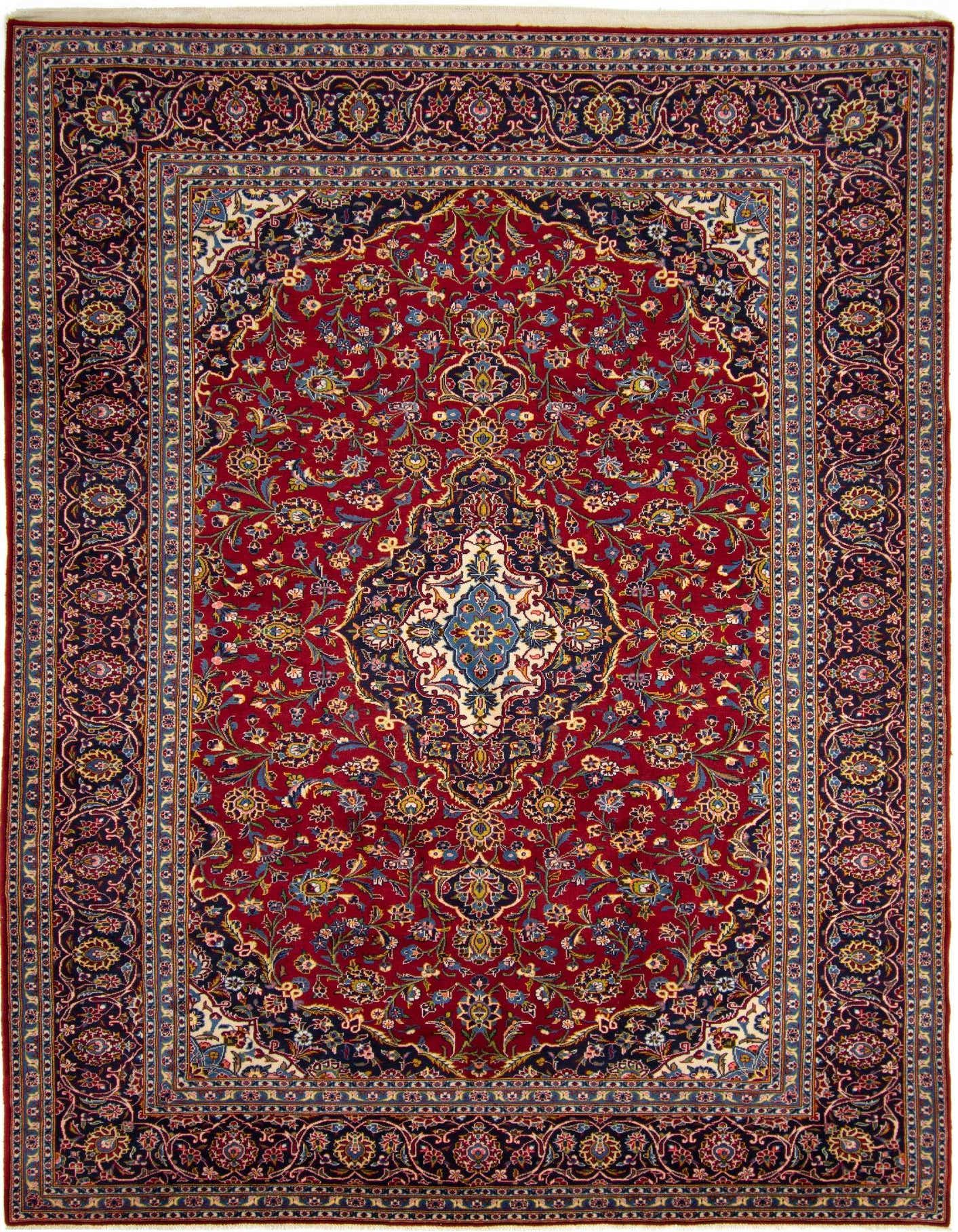 A vibrant 8x11 rectangular Persian wool rug featuring a rich red field with intricate floral patterns and a central medallion, framed by a dark blue border.