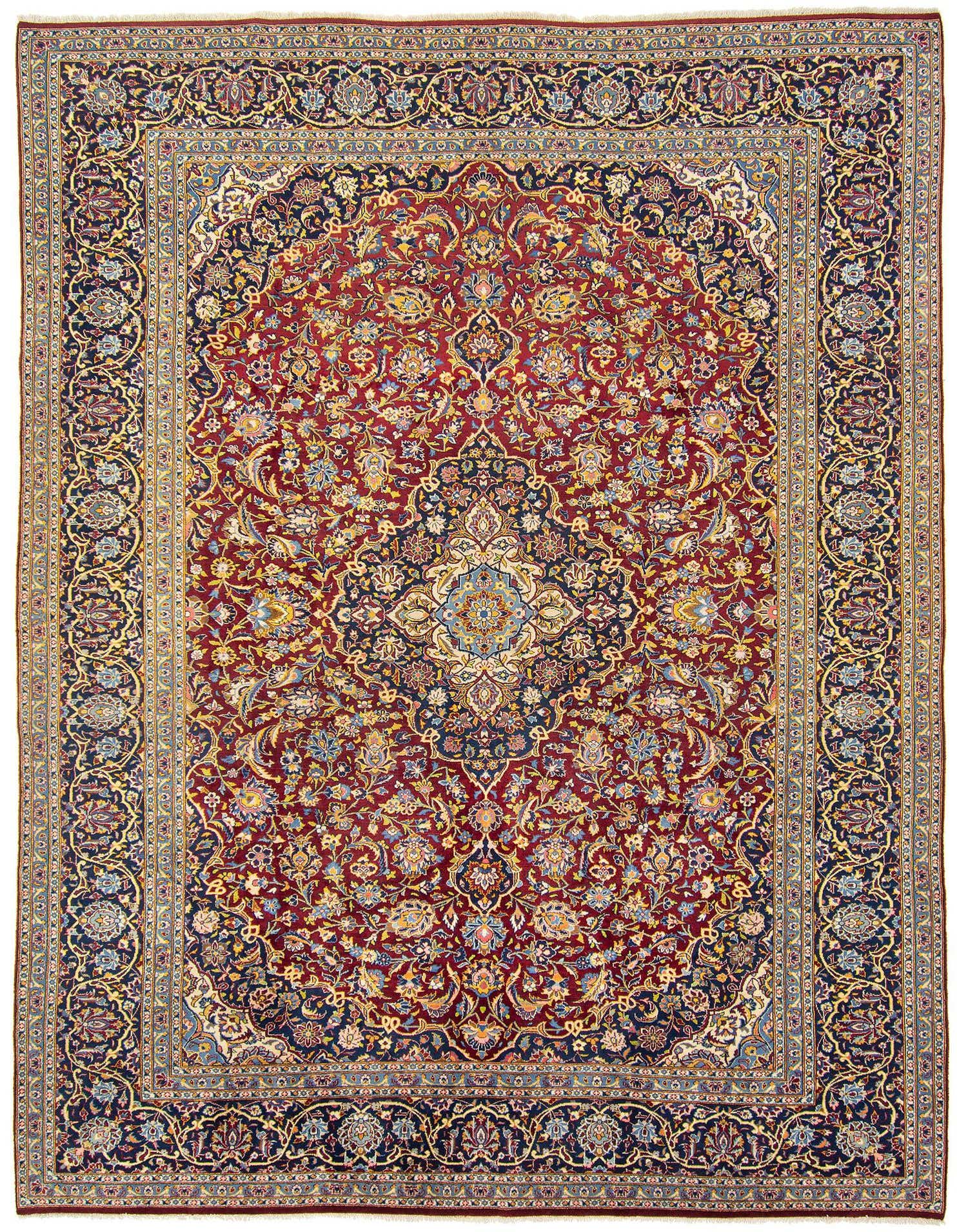A 9x12 rectangular Kashan Persian rug featuring a rich red field with intricate floral patterns and a central medallion, framed by a dark blue and gold border.