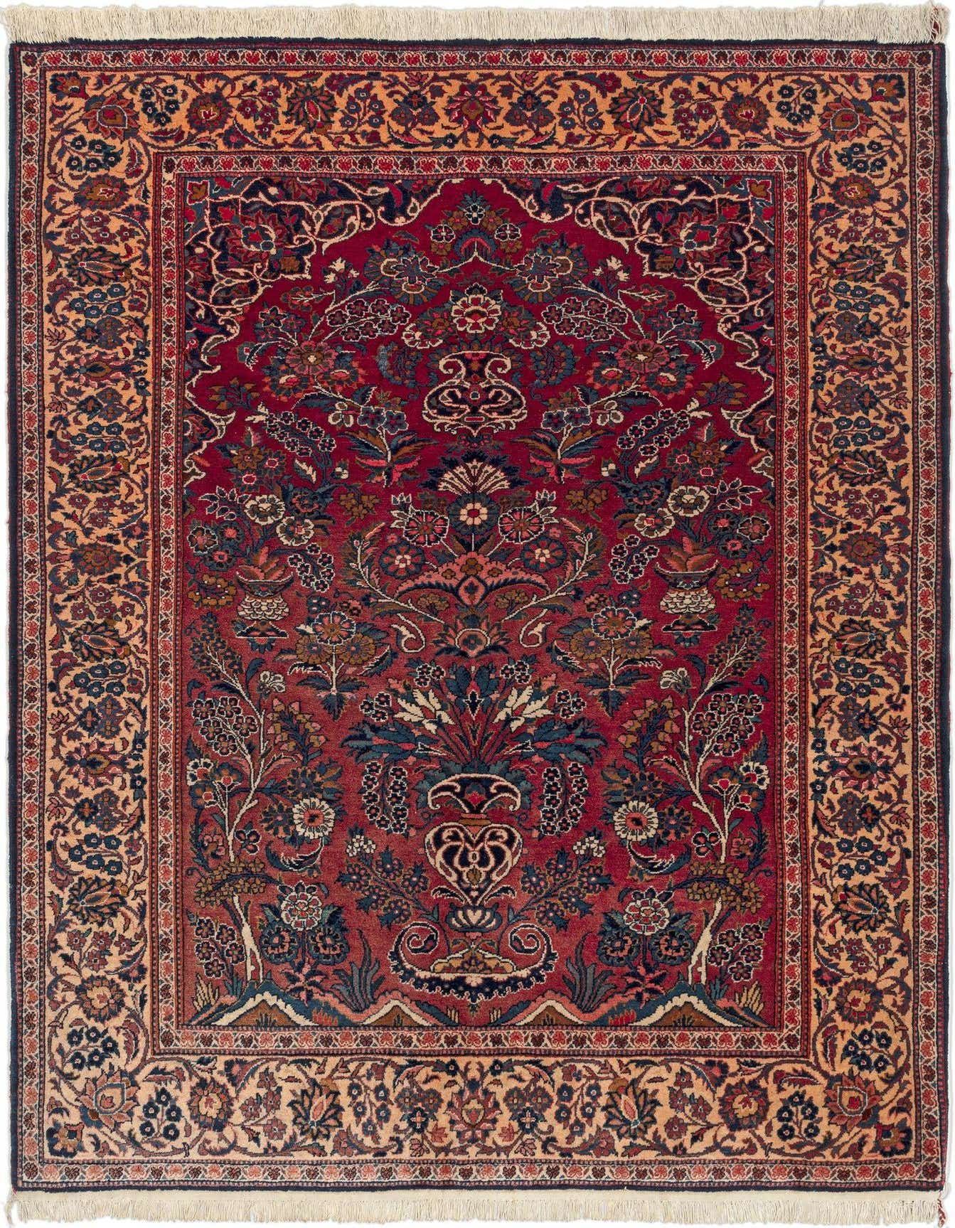 A 4x6 rectangular red Persian wool rug with intricate floral and medallion patterns in shades of red, blue, and gold.
