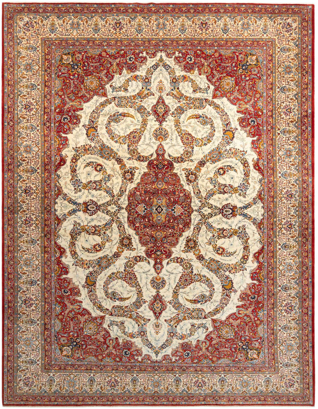 A large 10x14 rectangular Kashan rug featuring a cream field with an intricate red and multicolored traditional floral medallion and border.