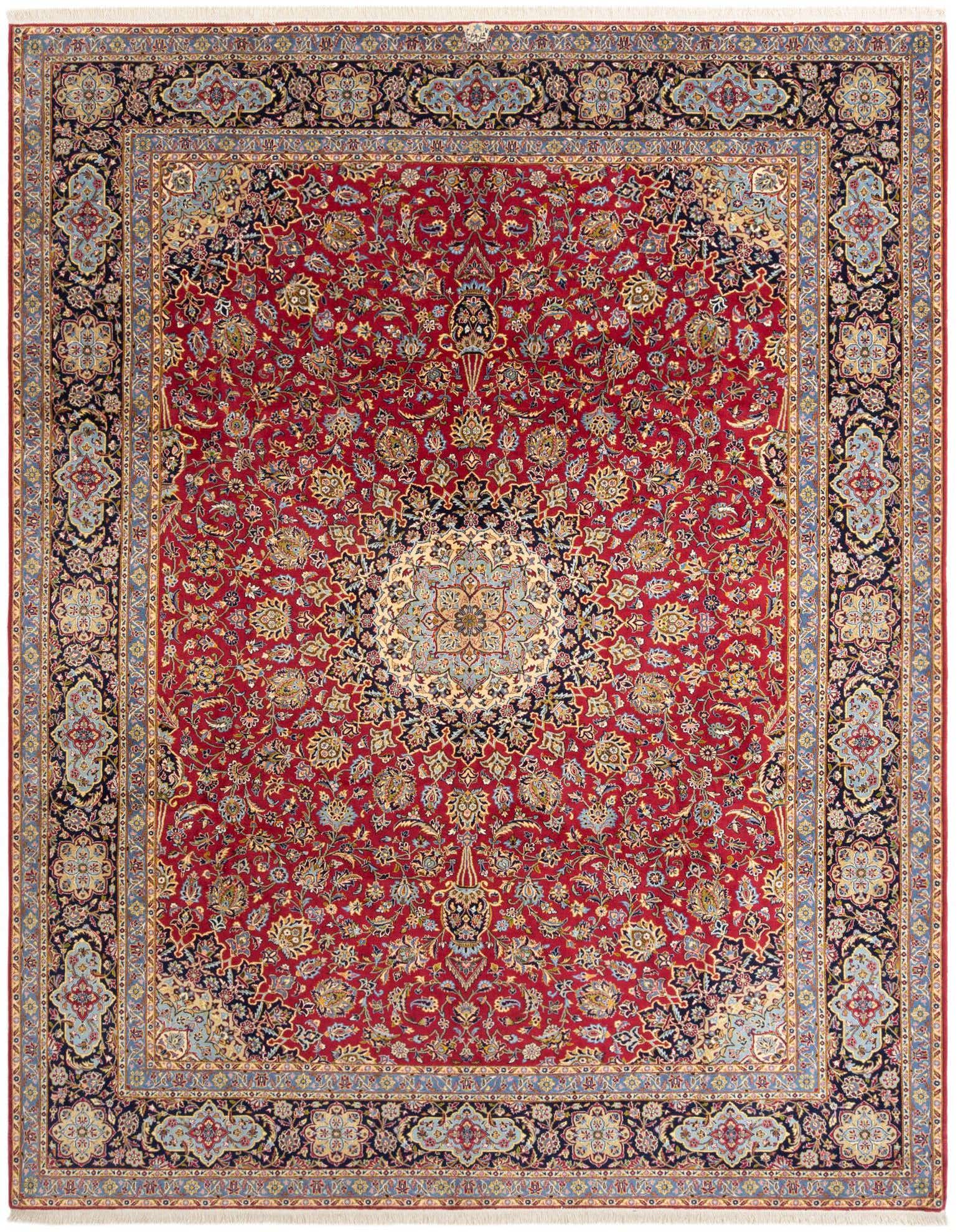 A 10x13 rectangular red traditional wool rug with an intricate floral medallion pattern and ornate borders, ideal for a living room.