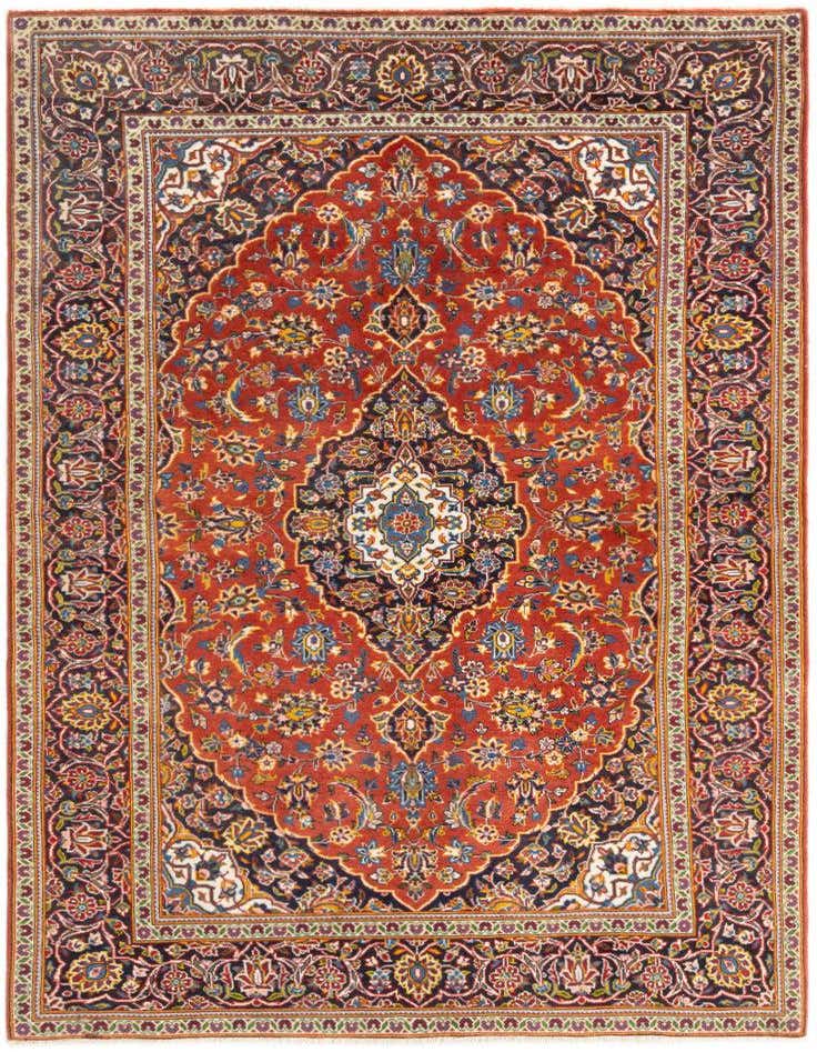 A 3x5 rectangular red traditional Kashan wool rug with intricate floral patterns and a central medallion.