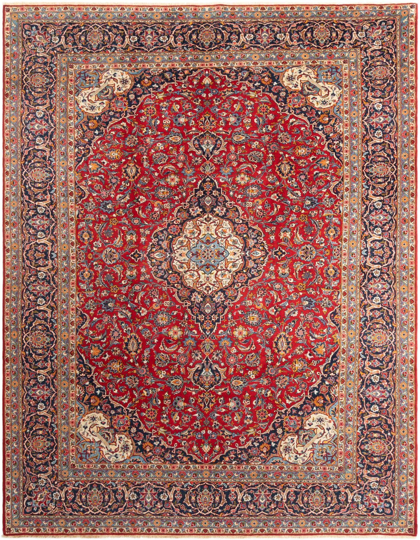 A 9x12 rectangular red traditional wool rug with an intricate floral medallion pattern and a dark blue border.