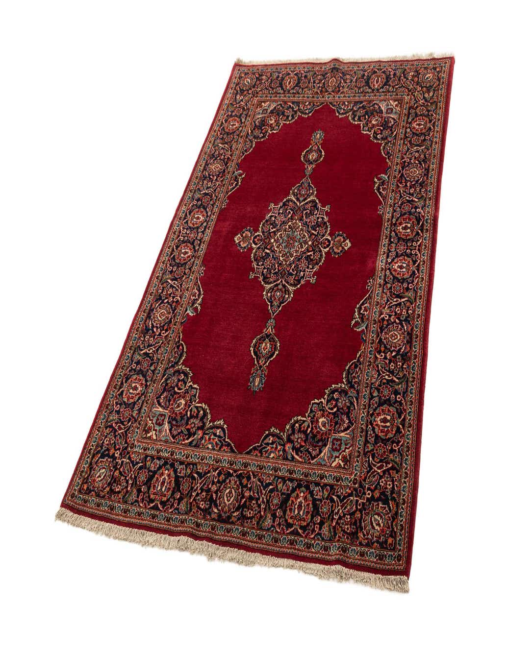 A 4x6 rectangular red area rug with an intricate traditional floral medallion pattern and a dark border.