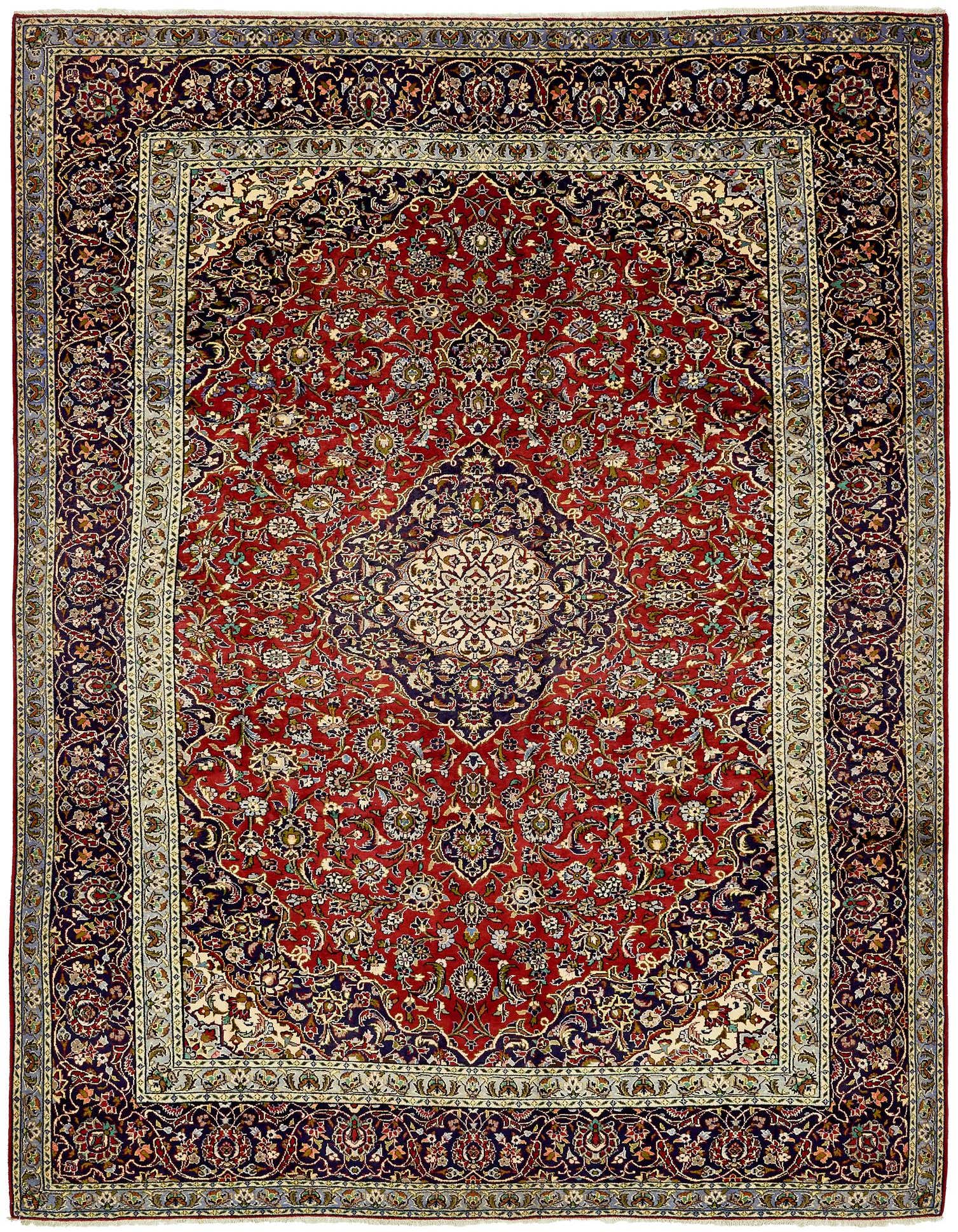 A 10x13 rectangular red Persian rug with an intricate botanical medallion pattern and a dark border.