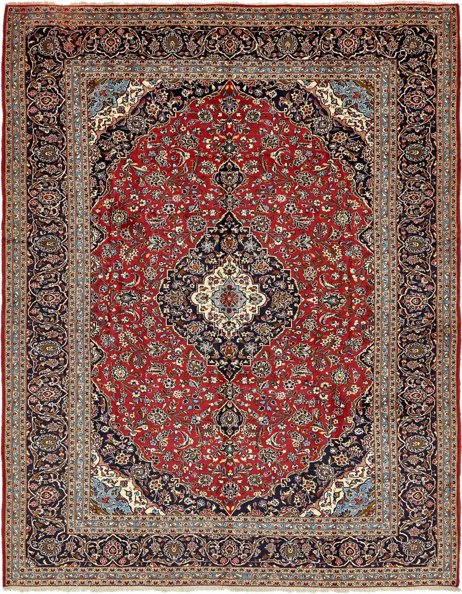 A 10x13 rectangular red Persian rug with an intricate botanical medallion pattern and a dark blue border.