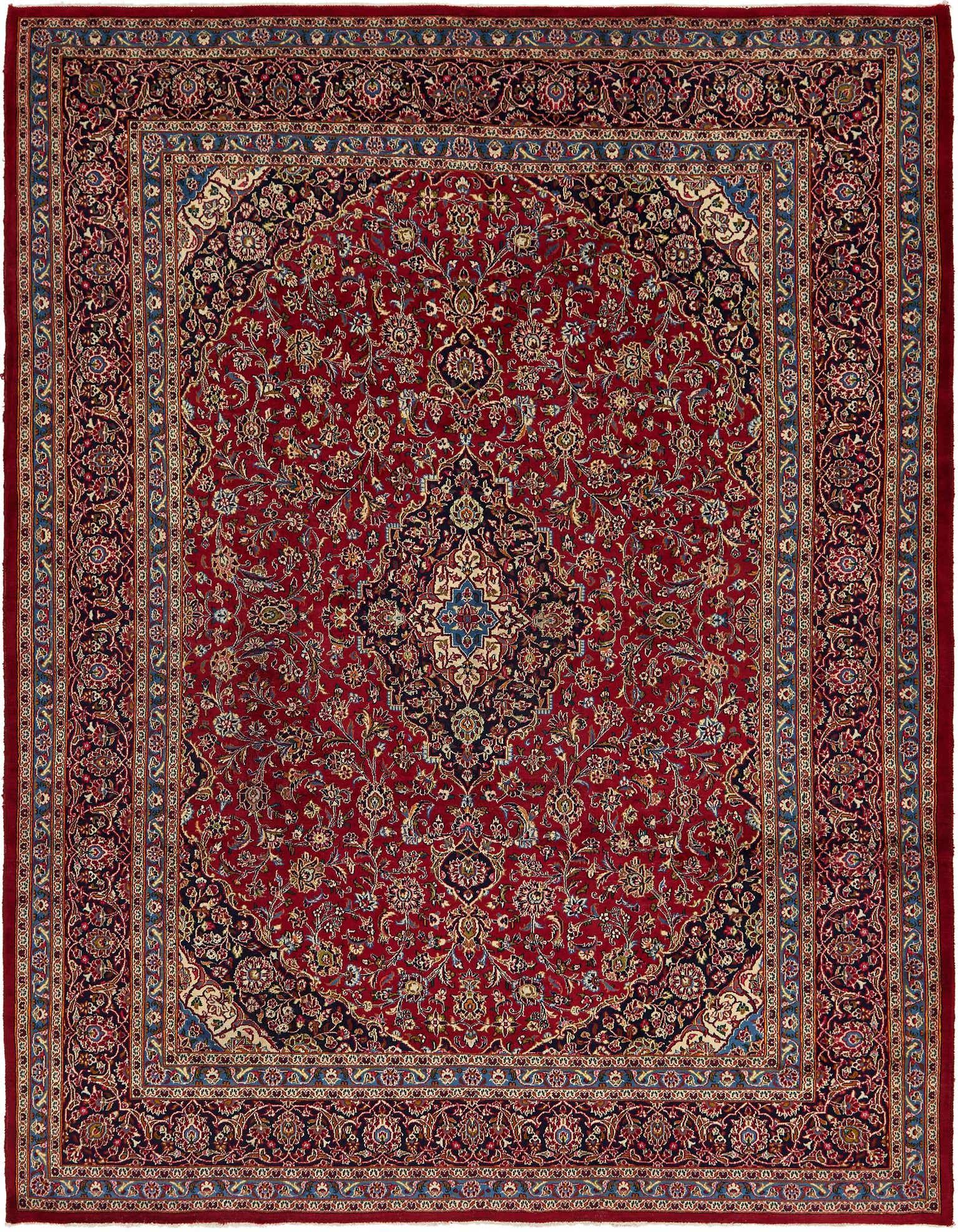A 10x13 rectangular red Persian rug with an intricate botanical medallion pattern and a detailed border, suitable for a living room.