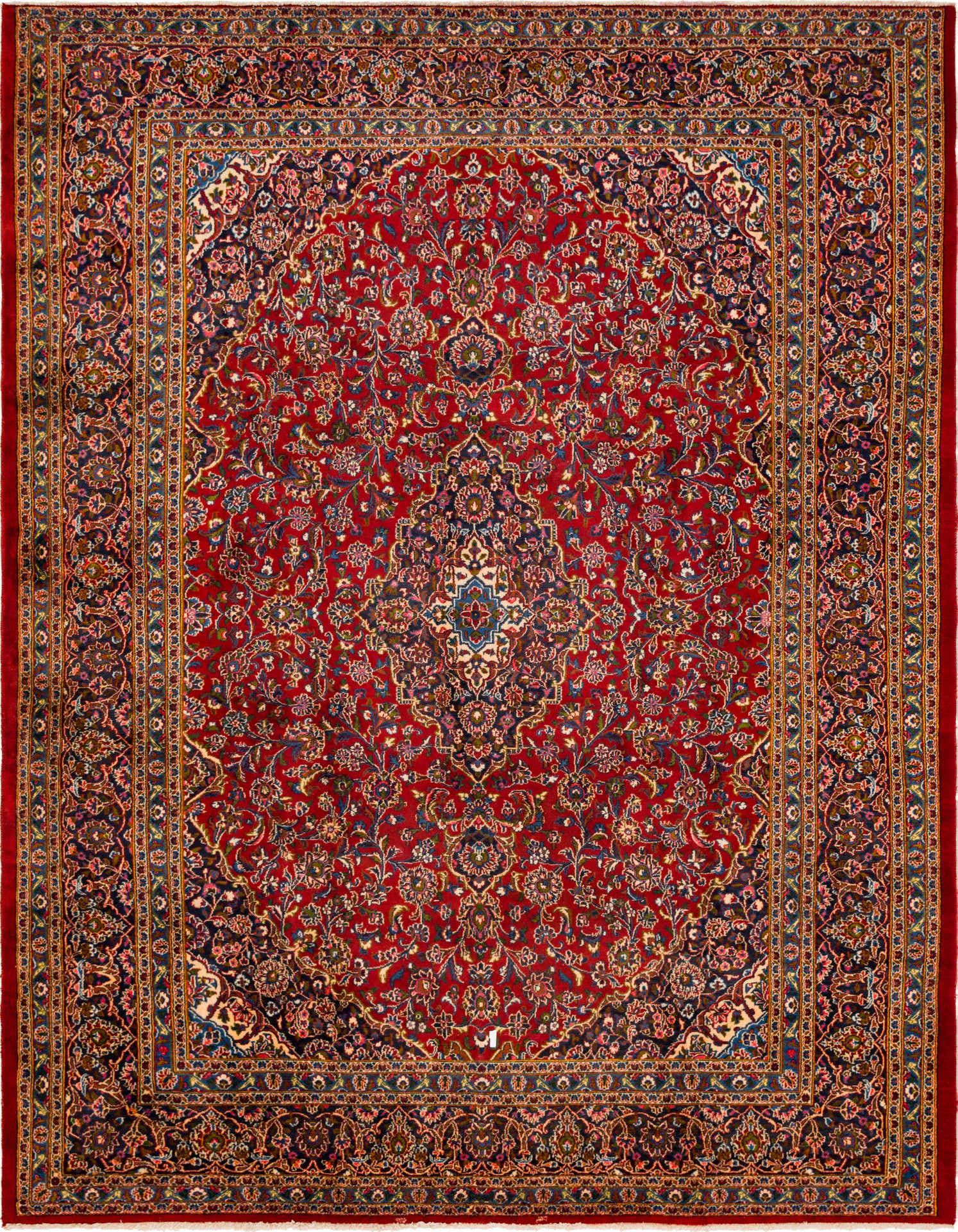 A 10x13 rectangular red Persian wool rug featuring an intricate botanical medallion pattern and a detailed border.